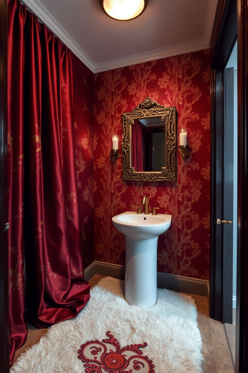 A serene powder room featuring elegant textiles adorned with intricate Asian prints. The walls are draped in a rich silk fabric, showcasing a harmonious blend of deep reds and golds, while a plush, patterned area rug adds warmth underfoot. The centerpiece is a sleek, modern pedestal sink with a brushed gold faucet, complemented by a decorative mirror framed in dark wood. Subtle lighting highlights the beauty of the textiles, creating an inviting atmosphere perfect for relaxation.