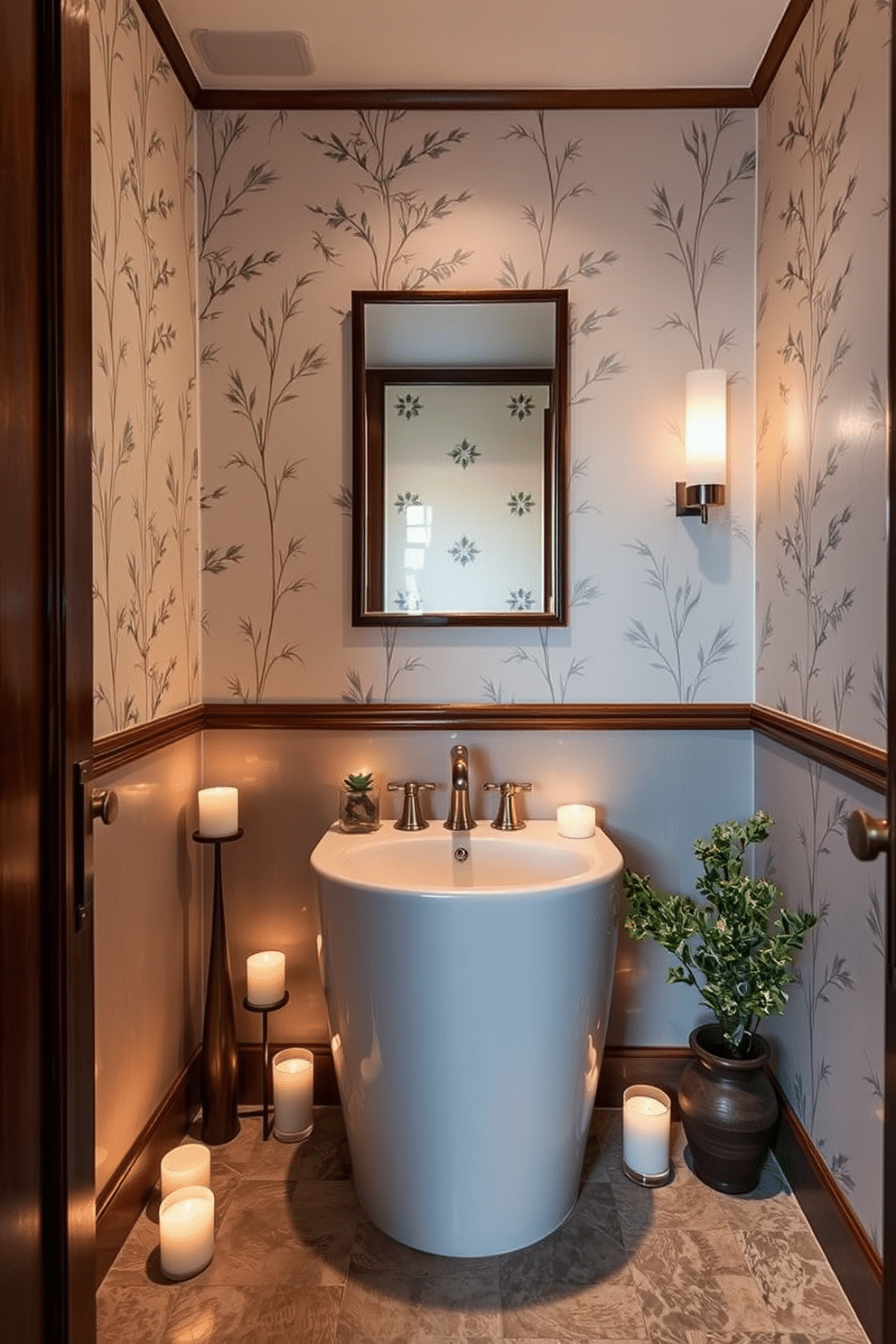 A serene Asian-inspired powder room featuring fragrant candles placed strategically around the space to create a soothing ambiance. The walls are adorned with delicate bamboo wallpaper, and the floor is covered with natural stone tiles, enhancing the tranquil atmosphere.