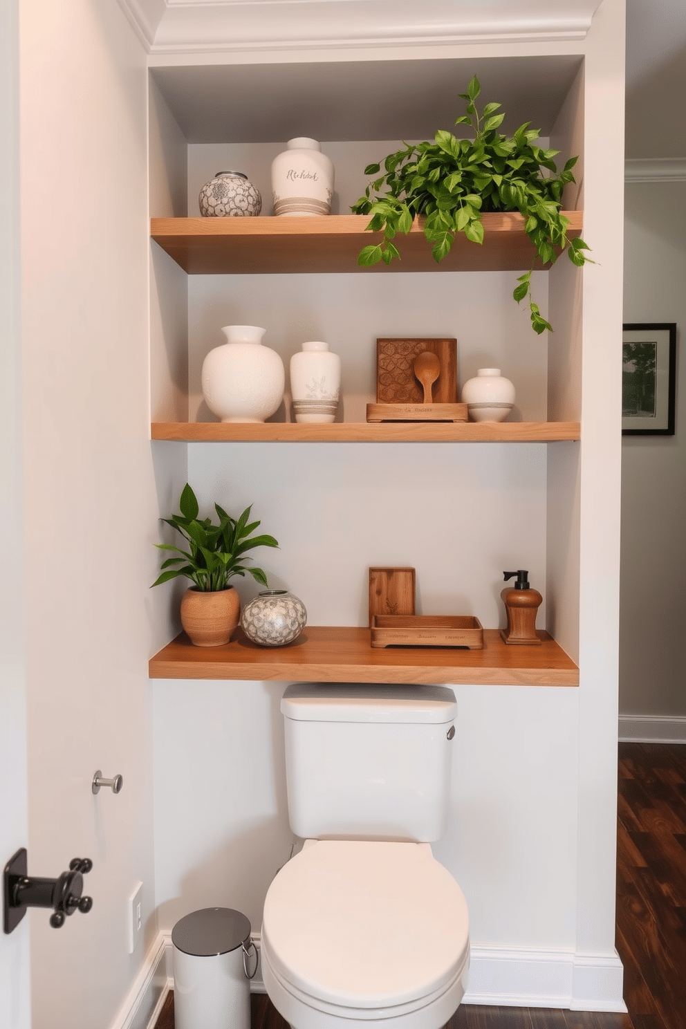 A serene Asian-inspired powder room features open shelving adorned with decorative items such as ceramic vases, bamboo accents, and lush greenery. The walls are painted in a soft, neutral tone, while the floor showcases rich, dark wood that adds warmth to the space.