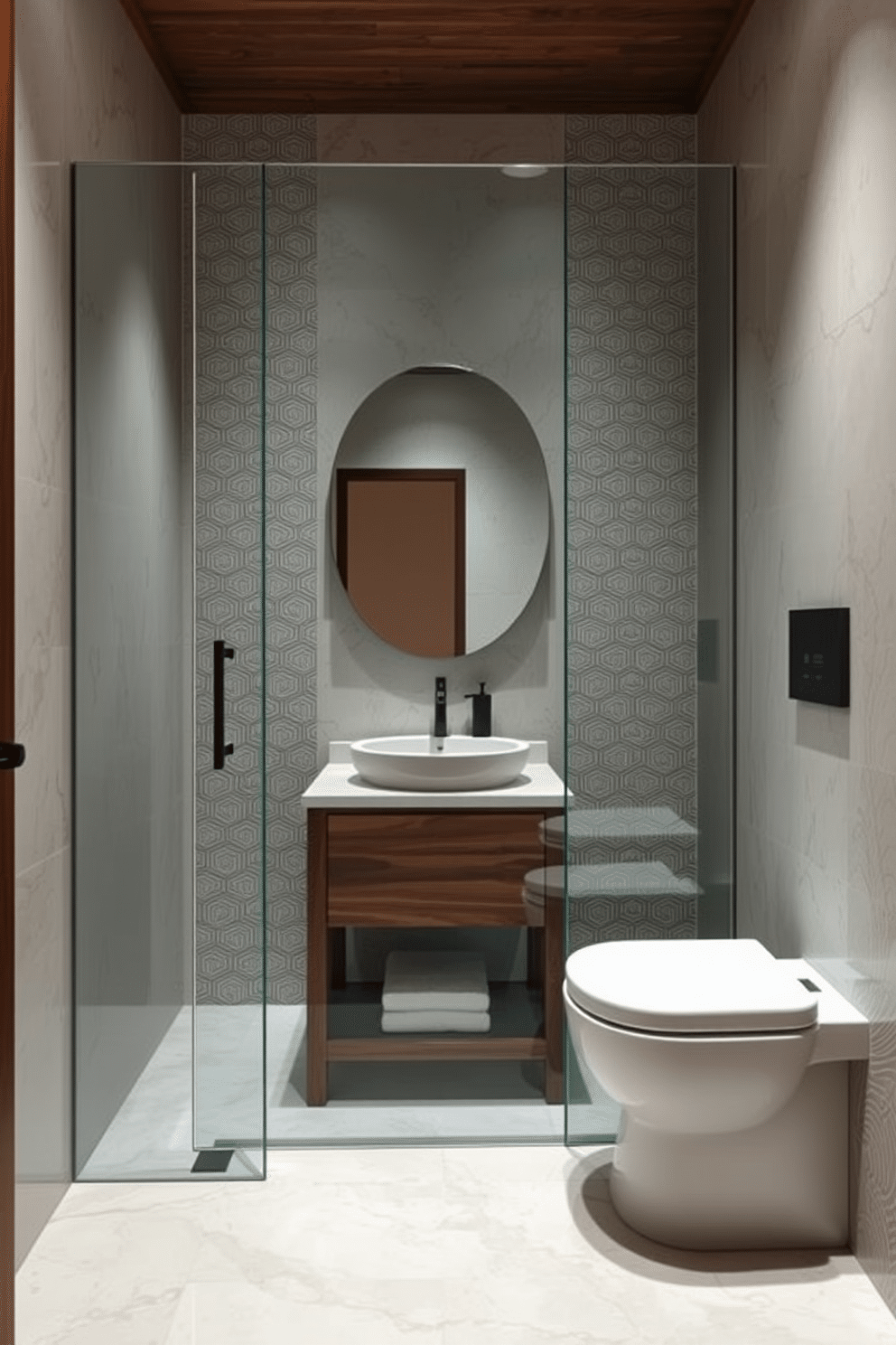 A sleek glass shower enclosure creates an illusion of spaciousness, seamlessly blending with the overall design. The walls are adorned with intricate Asian-inspired tiles, featuring delicate patterns that evoke tranquility and elegance. A minimalist wooden vanity complements the aesthetic, topped with a smooth stone surface. Soft, ambient lighting highlights the natural textures, enhancing the serene atmosphere of the powder room.