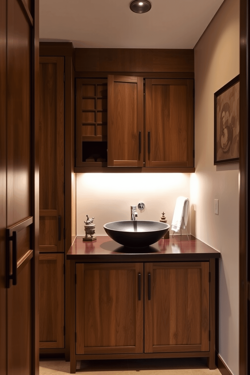 Custom cabinetry with sliding doors creates a seamless blend of functionality and elegance in an Asian-inspired powder room. The cabinetry features intricate woodwork and natural finishes, harmonizing with the serene color palette of soft earth tones. The powder room is adorned with traditional Asian elements, such as bamboo accents and minimalist decor. A sleek, vessel sink sits atop a dark wood countertop, while ambient lighting casts a warm glow, enhancing the tranquil atmosphere.