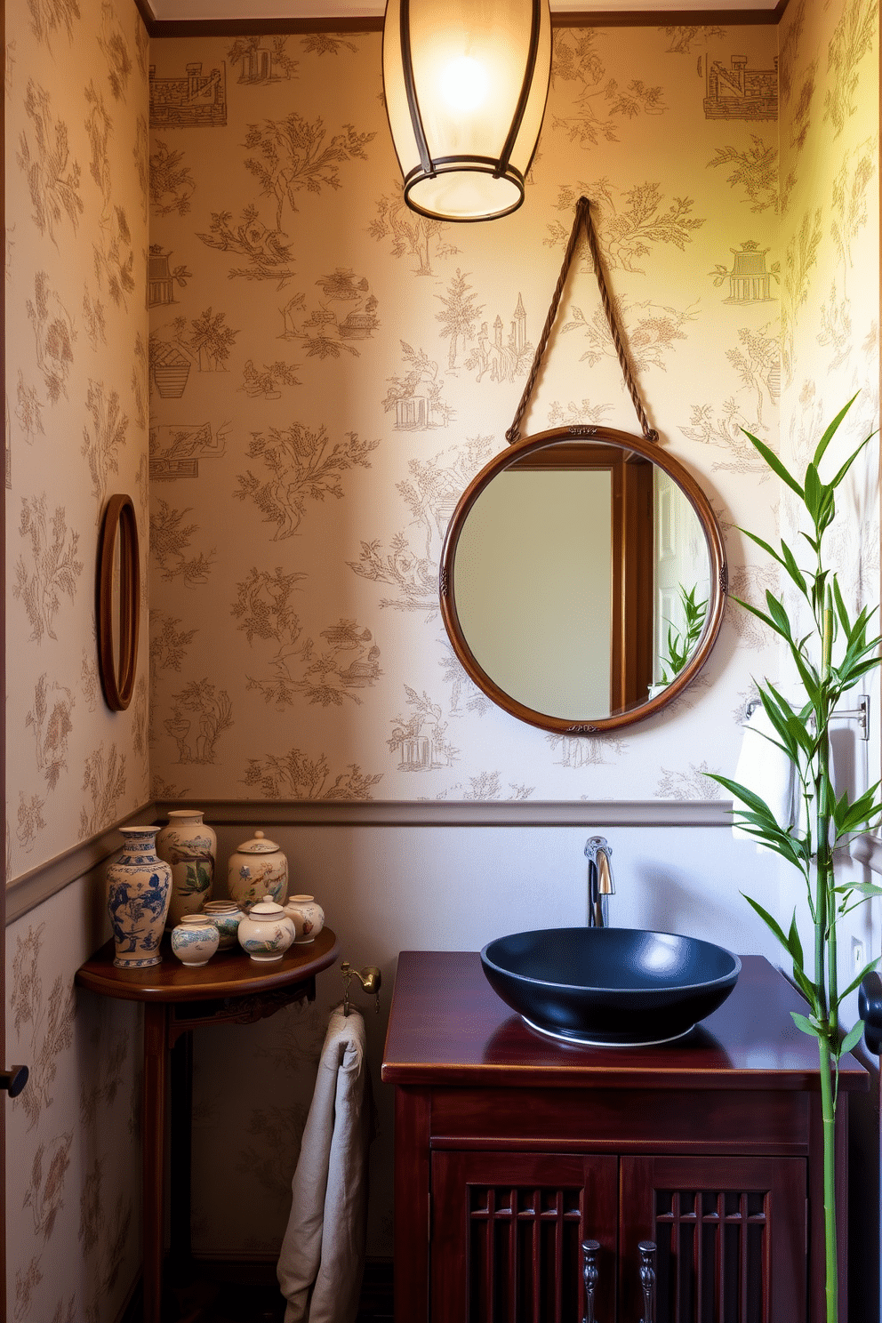 A cozy Asian powder room featuring vintage accessories that add character and charm. The walls are adorned with intricate wallpaper depicting traditional motifs, and a small wooden console table holds a collection of antique Asian ceramics. A round mirror with a carved wooden frame reflects the warm lighting from a delicate lantern overhead. Soft, muted colors dominate the space, complemented by a rich mahogany vanity topped with a sleek black basin, while a bamboo plant adds a touch of greenery.