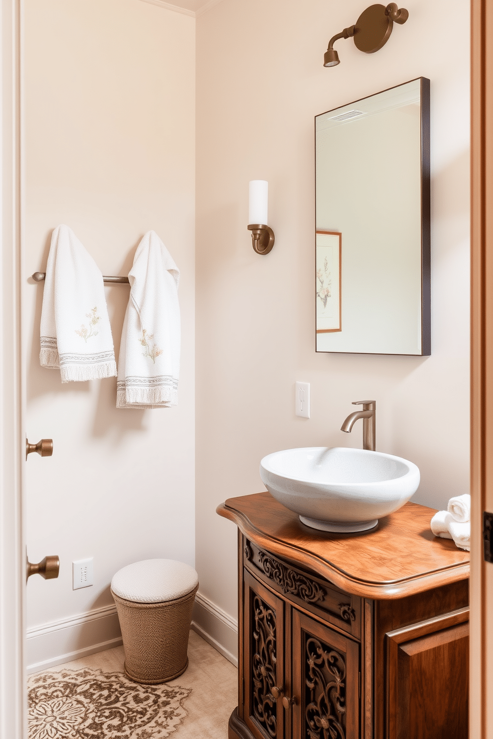 A serene powder room featuring layered textiles that enhance comfort and style. The space is adorned with a plush, patterned rug, complemented by soft, embroidered hand towels hanging from a sleek towel rack. The walls are painted in a calming pastel hue, with delicate Asian-inspired artwork framing the mirror. A wooden vanity showcases intricate carvings, topped with a smooth stone basin that adds an elegant touch.