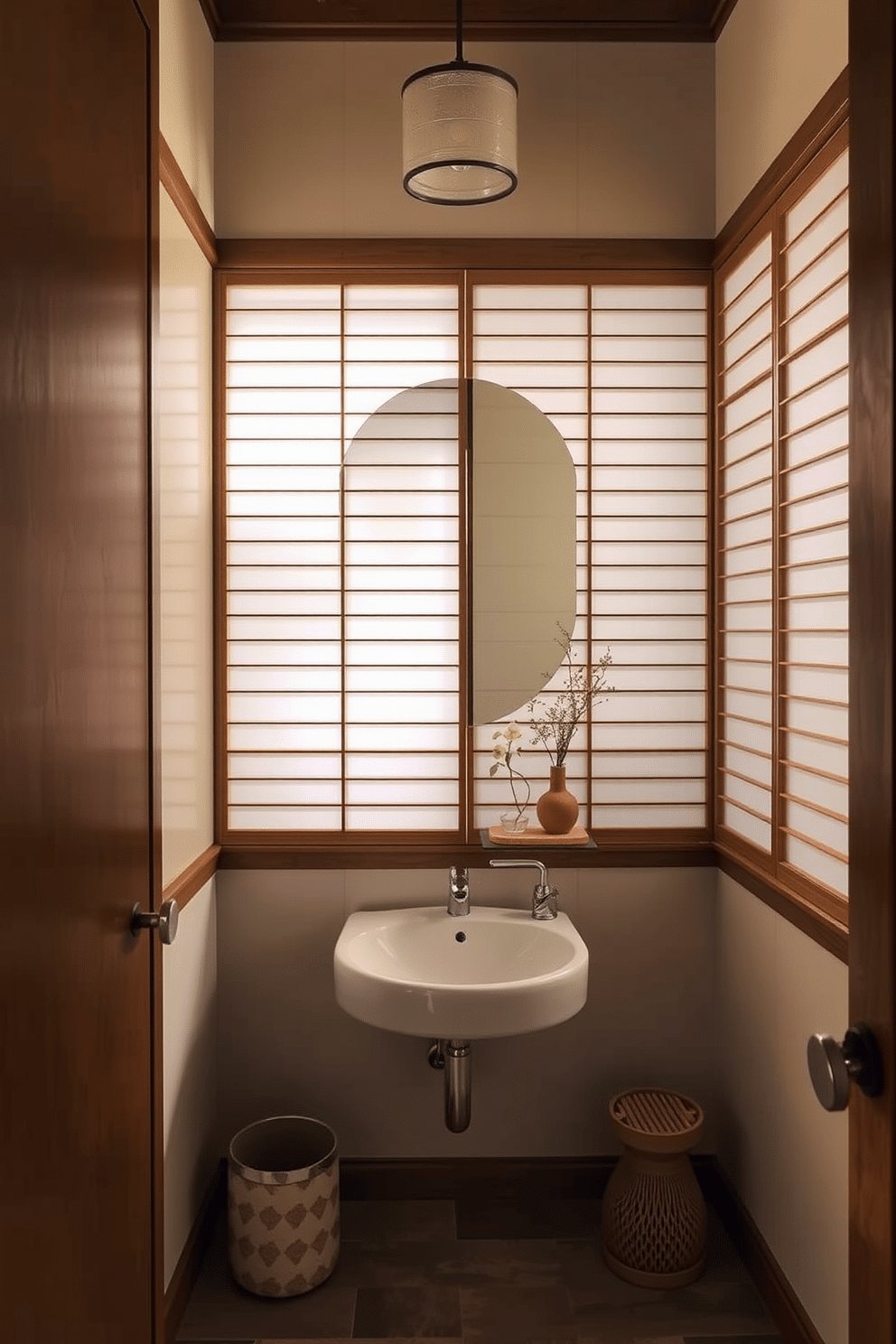 A serene Asian powder room featuring elegant Japanese shoji screens that provide privacy while allowing soft light to filter through. The space is adorned with natural wood accents, a minimalist sink, and subtle earth-toned decor to create a calming atmosphere.