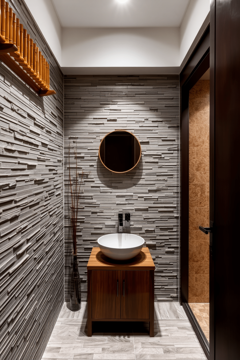 A serene Asian powder room featuring natural stone tiles that create an earthy ambiance. The walls are adorned with bamboo accents, and a sleek wooden vanity complements the organic elements. A minimalist approach with a small, elegant sink and a wall-mounted faucet enhances the space's tranquility. Soft, ambient lighting highlights the textures of the stone tiles and the delicate decor, creating a peaceful retreat.