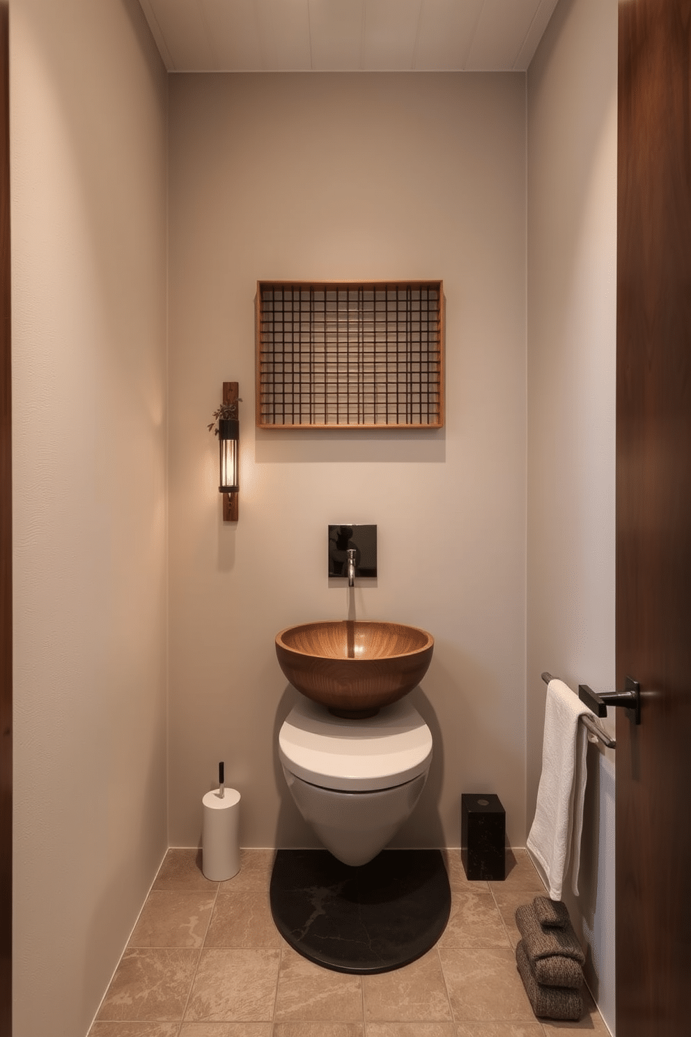 A serene Asian powder room featuring minimalist decor with Zen influences. The space is adorned with natural materials, including a wooden sink and bamboo accents, creating a tranquil atmosphere. Soft, neutral colors dominate the walls, complemented by a simple stone floor. A small indoor plant adds a touch of greenery, while elegant, understated lighting enhances the peaceful ambiance.