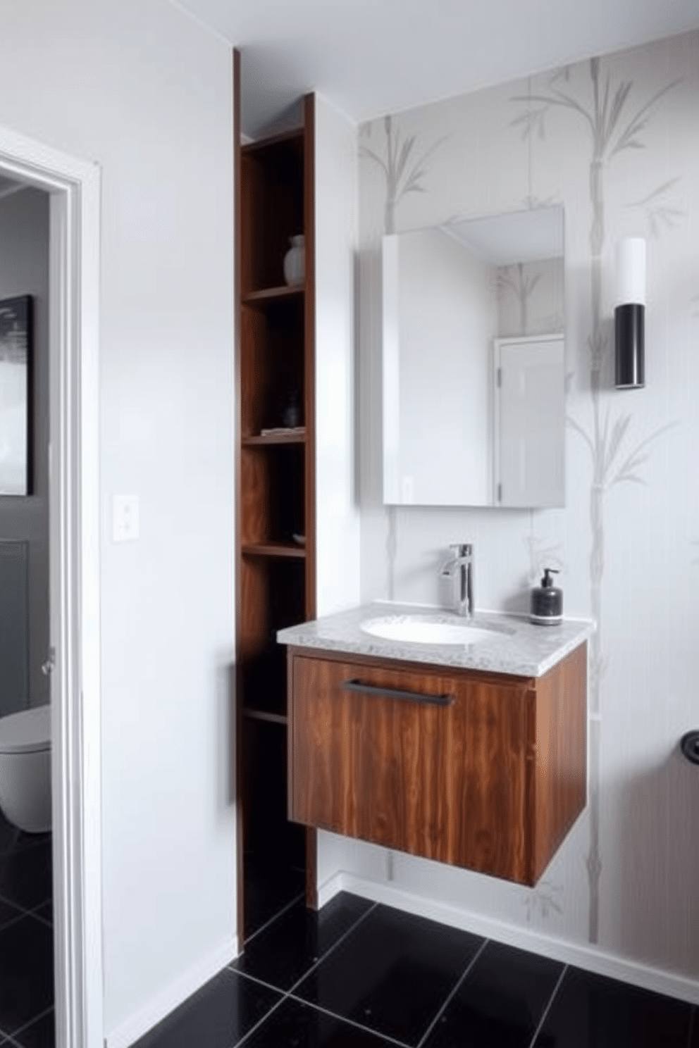 A floating vanity with an Asian-inspired design features sleek lines and a rich wood finish, complemented by a delicate stone countertop. The walls are adorned with subtle bamboo wallpaper, while the floor showcases polished dark tiles that enhance the serene atmosphere of the powder room.