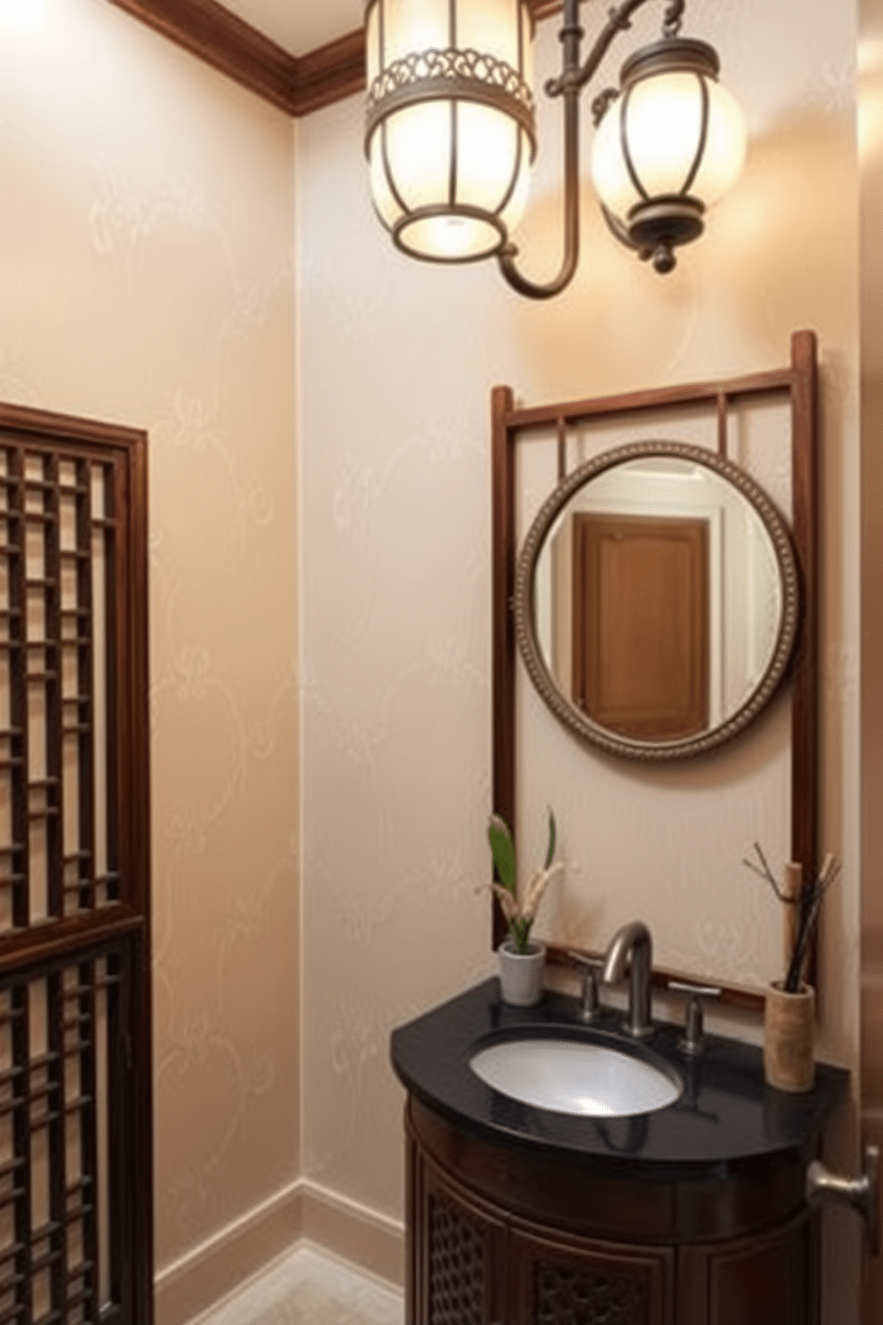 A serene Asian powder room featuring ornate lanterns that cast a warm, inviting glow. The walls are adorned with intricate patterns, and a delicate wooden screen adds an element of privacy while enhancing the aesthetic. The vanity is crafted from rich mahogany, topped with a sleek, dark stone surface. A round mirror with an ornate frame reflects the soft light, while bamboo accents bring a touch of nature into the space.