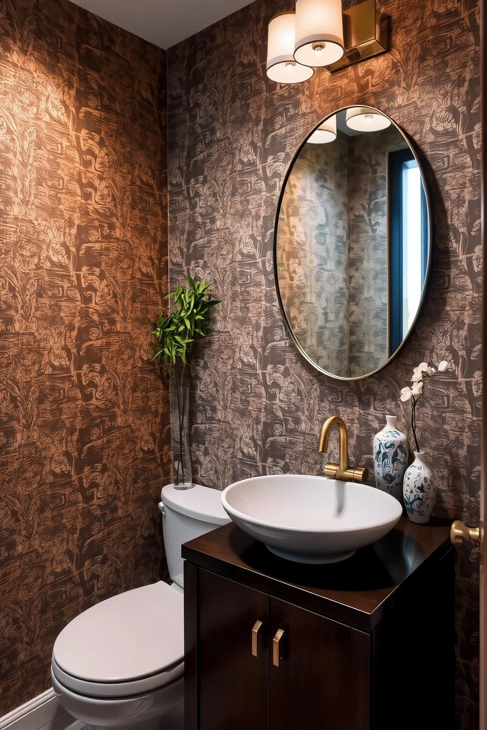 Textured wallpaper featuring intricate Asian motifs adorns the walls of a serene powder room. The space is illuminated by soft lighting that highlights the rich colors and patterns, creating an inviting atmosphere. A sleek, modern sink with a brushed gold faucet sits atop a dark wood vanity, complementing the wallpaper beautifully. Decorative elements such as a bamboo plant and a delicate porcelain vase add a touch of elegance and tranquility to the design.