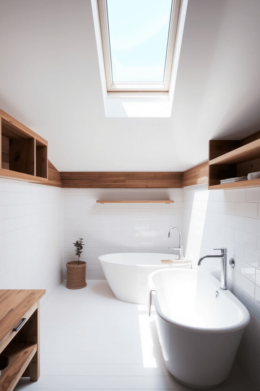 A serene attic bathroom featuring minimalist white tiles that create a clean and airy atmosphere. Wooden accents, including a reclaimed wood vanity and open shelving, add warmth and texture to the space. Natural light floods the room through a skylight, illuminating the subtle grain of the wood and the glossy finish of the tiles. A freestanding bathtub sits beneath the sloped ceiling, complemented by a simple, modern faucet and a small potted plant nearby.