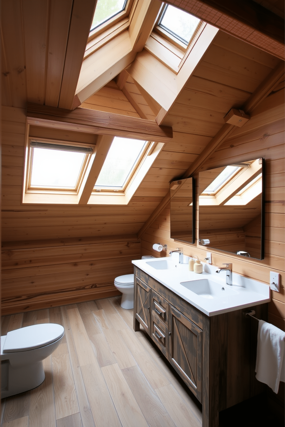 A stylish attic bathroom featuring dual sinks designed for shared spaces. The room showcases a sloped ceiling with exposed wooden beams, creating a cozy yet modern atmosphere. The dual sinks are set into a rustic wooden vanity topped with a sleek quartz countertop. Large skylights illuminate the space, enhancing the natural light and highlighting the warm tones of the wood.