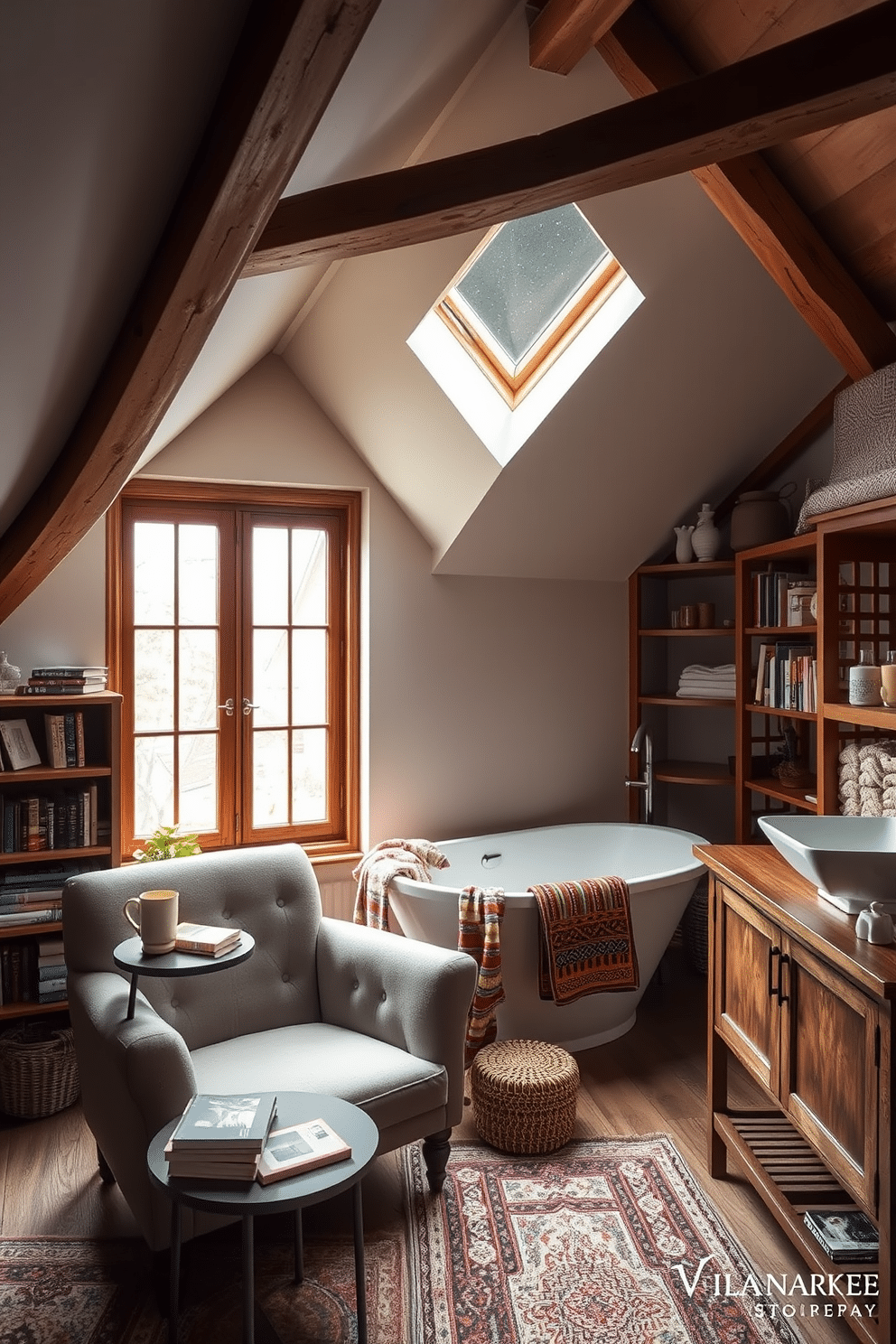 Cozy reading nook by the window. A plush armchair in a soft, muted fabric is positioned next to a large window, allowing natural light to flood the space. A small, round side table holds a steaming cup of tea and a stack of books, while a colorful woven throw drapes over the armchair. Surrounding the nook, shelves filled with books and decorative items create a warm, inviting atmosphere. Attic bathroom design ideas. The bathroom features sloped ceilings adorned with rustic wooden beams, enhancing the cozy feel of the space. A freestanding bathtub sits beneath a small skylight, providing a relaxing view of the stars at night, while a wooden vanity with a vessel sink adds a touch of modern elegance.