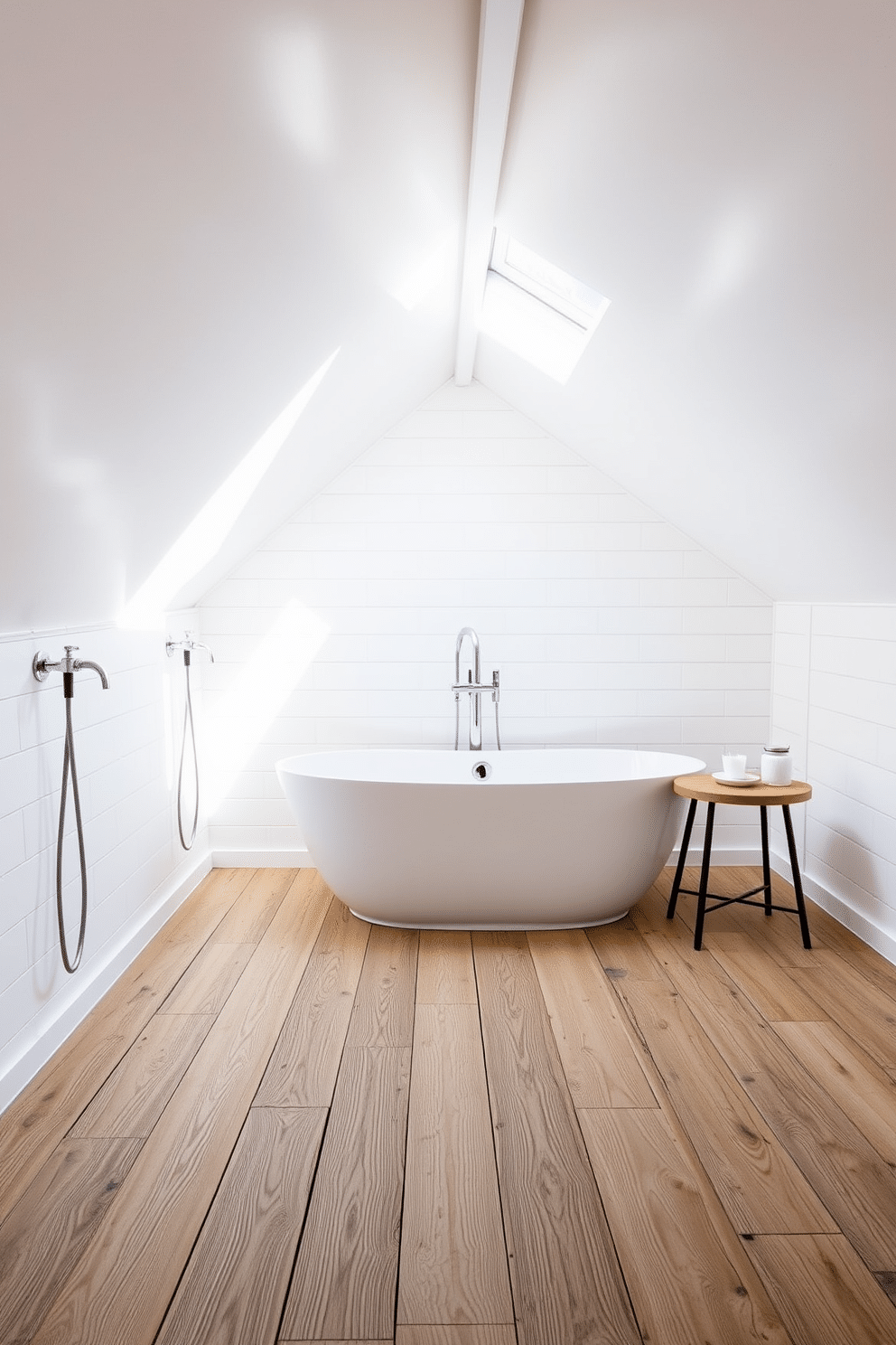 A modern attic bathroom featuring wall-mounted faucets that enhance the sleek aesthetic. The space is illuminated by natural light streaming through a skylight, highlighting the minimalist design elements and soft color palette. The walls are clad in white shiplap, creating a bright and airy feel, while the floor showcases rustic wooden planks for warmth. A freestanding soaking tub is positioned beneath the skylight, complemented by a small, stylish side table for convenience.