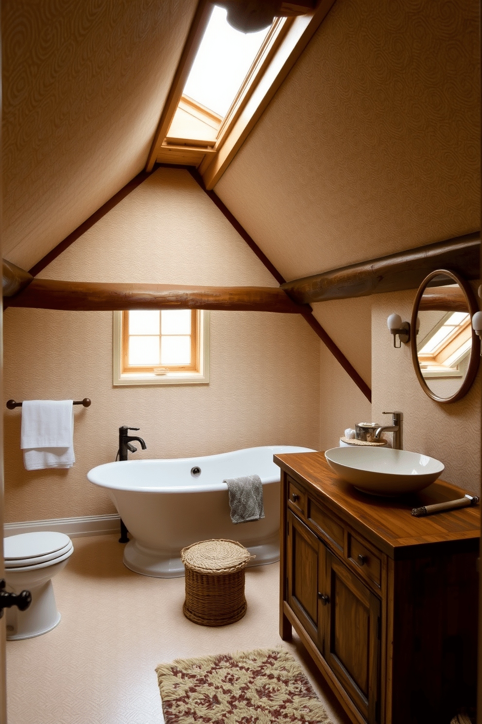 A cozy attic bathroom featuring textured wallpaper in soft beige tones that adds warmth and depth to the space. The sloped ceiling is adorned with rustic wooden beams, complementing the inviting atmosphere. The bathroom includes a freestanding soaking tub positioned under a skylight, allowing natural light to flood the area. A reclaimed wood vanity with a vessel sink and vintage fixtures enhances the charm of this unique attic retreat.