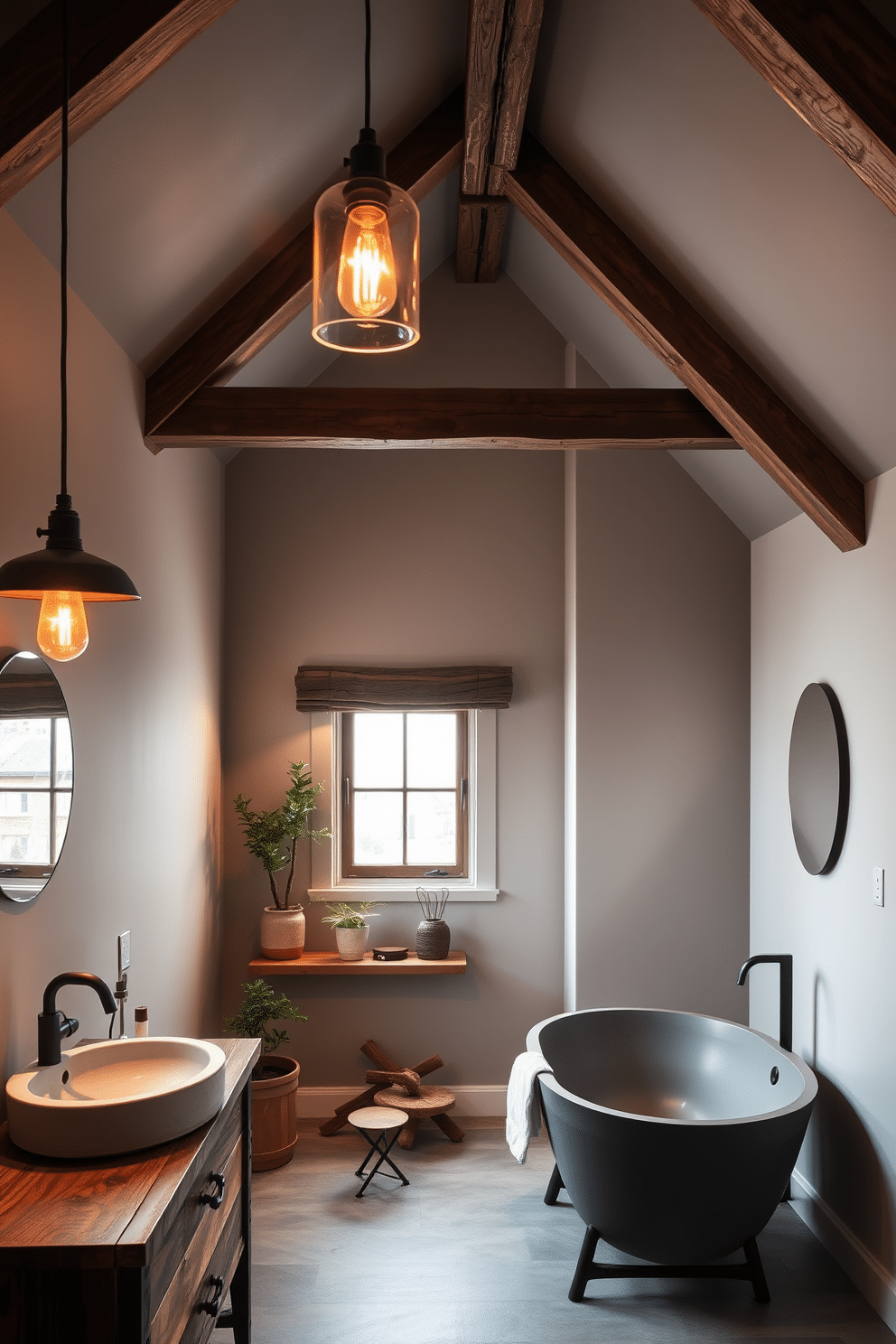 A stylish attic bathroom featuring exposed wooden beams and industrial-style pendant lights hanging from the ceiling. The walls are painted in a soft gray, complemented by a freestanding tub with a matte black faucet and a reclaimed wood vanity with a concrete sink. The space is illuminated by warm, ambient industrial lighting that creates a cozy atmosphere. A large window allows natural light to flood in, showcasing a minimalist decor with potted plants and rustic accents.