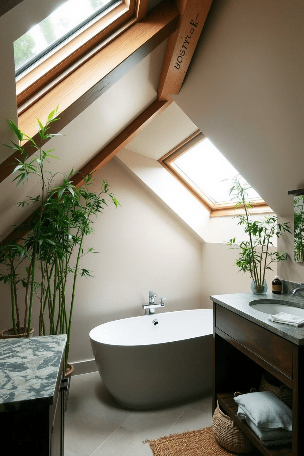 A serene attic bathroom featuring bamboo plants strategically placed near a skylight, allowing natural light to filter through and enhance the greenery. The walls are adorned with soft, earthy tones, creating a calming atmosphere that complements the wooden beams overhead. The bathroom includes a freestanding tub positioned under the skylight, surrounded by potted bamboo for a tranquil spa-like feel. A sleek wooden vanity with a stone countertop provides a functional yet stylish touch, while natural woven baskets add warmth and texture to the space.