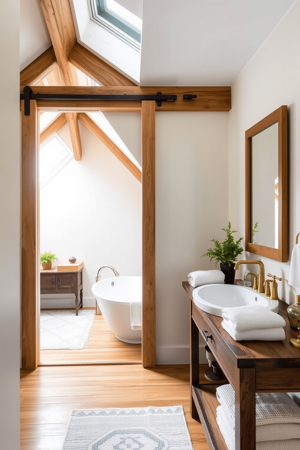 A cozy attic bathroom featuring a sliding barn door that elegantly separates the space while saving valuable square footage. The room is adorned with rustic wooden beams, a freestanding soaking tub, and a skylight that floods the area with natural light. The walls are painted in a soft white hue, complementing the warm wood tones and creating a serene atmosphere. A vintage-style sink with brass fixtures and a reclaimed wood vanity adds character, while plush towels and greenery enhance the inviting feel.