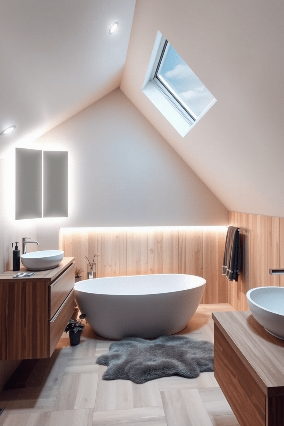 A modern attic bathroom featuring integrated lighting within a sleek, frameless mirror that illuminates the space with a soft glow. The sloped ceiling is adorned with recessed lighting, enhancing the airy feel, while a freestanding soaking tub sits beneath a skylight, offering a serene view of the sky. The walls are clad in light wood paneling, creating a warm and inviting atmosphere, complemented by a minimalist wooden vanity with a white vessel sink. A plush area rug lies beneath the tub, adding texture, and potted plants are strategically placed to bring a touch of nature indoors.