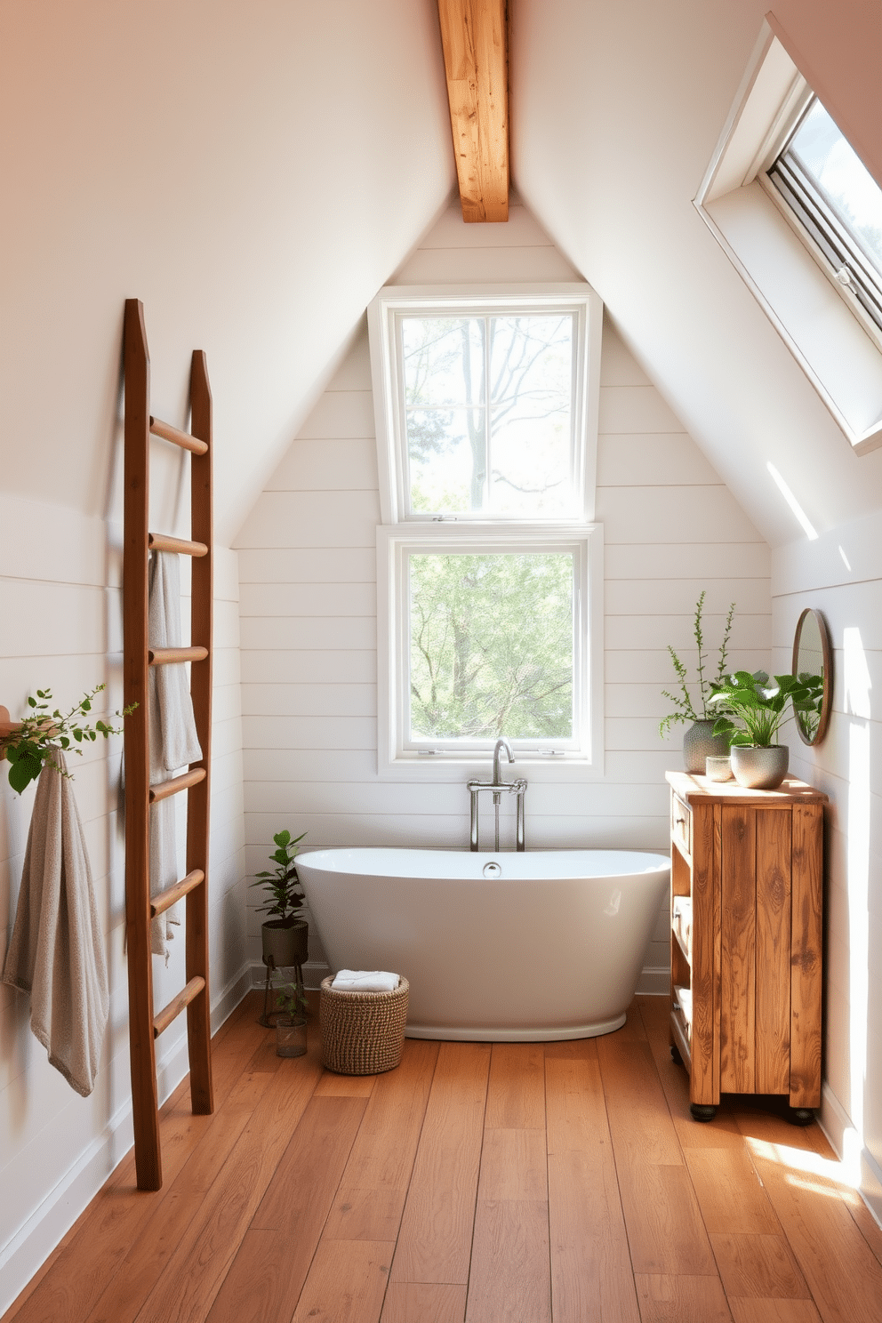 A serene attic bathroom bathed in natural light, featuring skylights that illuminate the space throughout the day. The walls are adorned with soft white shiplap, complemented by a freestanding soaking tub positioned beneath a large window with a view of the treetops. A rustic wooden ladder serves as a stylish towel rack, while a reclaimed wood vanity with a vessel sink adds character. The flooring is a warm, textured wood that enhances the cozy atmosphere, and potted plants are strategically placed to bring a touch of greenery indoors.