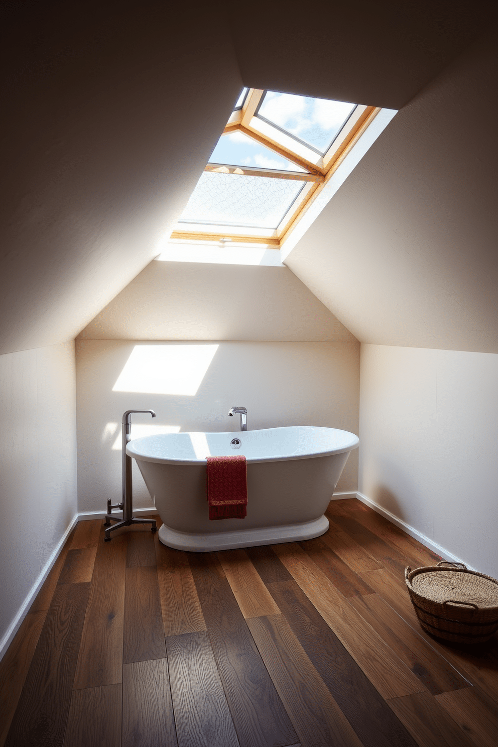 A luxurious attic bathroom features a freestanding tub positioned elegantly beneath a large skylight, allowing natural light to flood the space. The walls are clad in soft, textured panels, and the floor is adorned with rustic wooden tiles, creating a warm and inviting atmosphere.