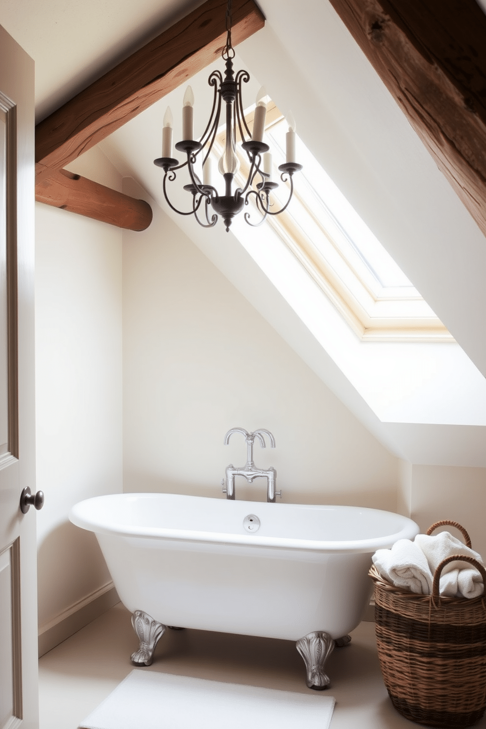 A serene attic bathroom featuring an elegant clawfoot tub that exudes classic charm. The tub is positioned beneath a skylight, allowing natural light to illuminate the space, while soft, muted colors in the decor enhance the tranquil atmosphere. Rustic wooden beams frame the ceiling, adding character and warmth to the room. A vintage-style chandelier hangs above, casting a gentle glow over the space, complemented by a woven basket filled with plush towels nearby.