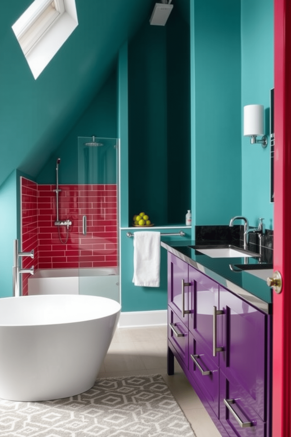 A stunning attic bathroom featuring contemporary fixtures in bold colors. The walls are painted in a vibrant teal, complemented by a sleek, freestanding bathtub in a glossy white finish. The shower area showcases a striking red tile accent wall, while modern chrome fixtures add a touch of elegance. A geometric patterned rug lies beneath the stylish double vanity, which boasts a deep purple hue and a polished black countertop.