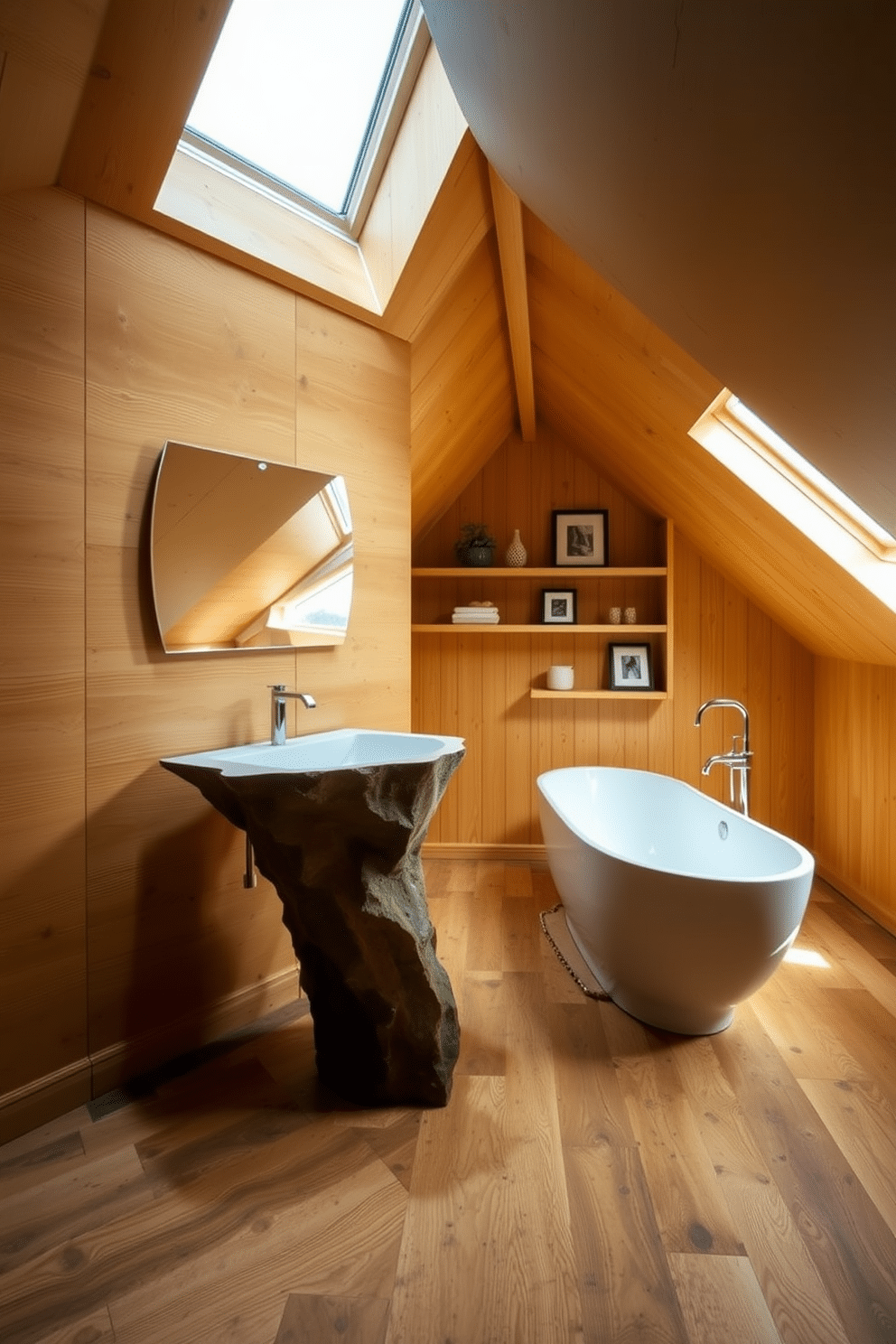 A stunning attic bathroom features a sculptural sink that serves as the central focal point, crafted from a unique blend of materials that draw the eye. The walls are adorned with warm, textured wood paneling, while skylights flood the space with natural light, enhancing the organic feel of the design. To the side of the sink, a sleek freestanding bathtub invites relaxation, surrounded by minimalist shelving displaying curated decor items. The flooring consists of rustic reclaimed wood, adding an earthy touch that complements the overall aesthetic of the attic retreat.