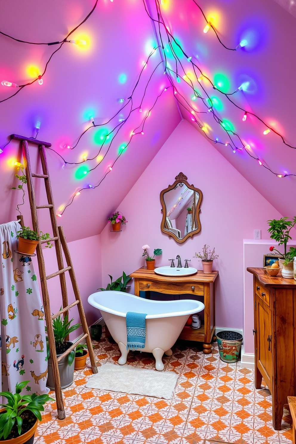 A whimsical attic bathroom features a sloped ceiling adorned with colorful fairy lights that create a magical atmosphere. The walls are painted in pastel hues, complemented by quirky decor items like a vintage ladder repurposed as a towel rack and a playful shower curtain with cartoon animals. The centerpiece is a freestanding bathtub with a unique, sculptural shape, surrounded by potted plants that add a touch of nature. A whimsical mirror with an irregular shape hangs above a rustic wooden vanity, while bright, patterned tiles on the floor enhance the playful vibe.