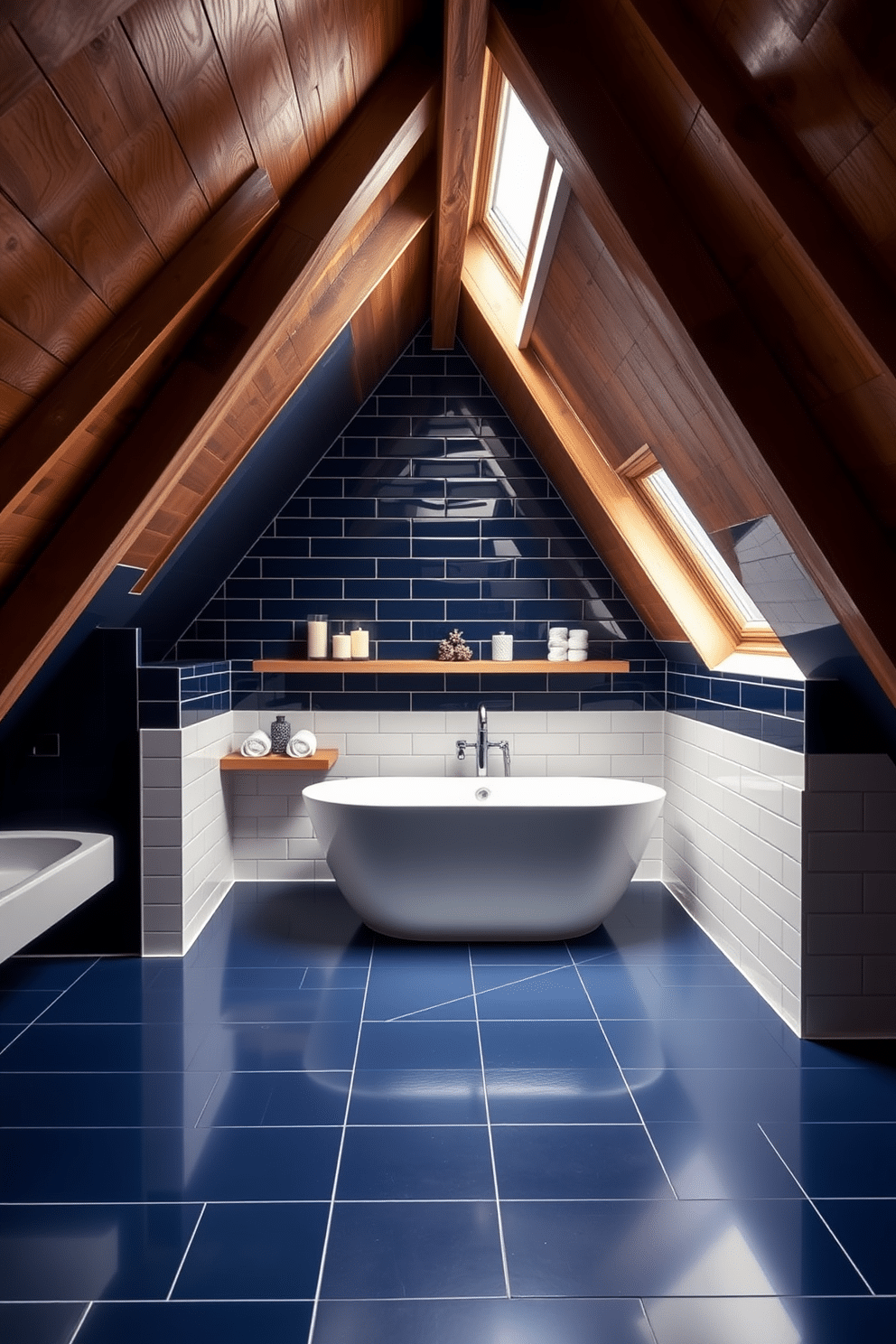 A stunning attic bathroom featuring floor-to-ceiling tiles in a rich navy blue, creating a dramatic and luxurious atmosphere. The sloped ceiling is adorned with exposed wooden beams, complementing the modern fixtures and a freestanding soaking tub positioned under a skylight. The walls are lined with sleek, glossy white tiles, enhancing the sense of space and light. A minimalist wooden shelf holds neatly rolled towels and decorative candles, adding warmth and elegance to the overall design.