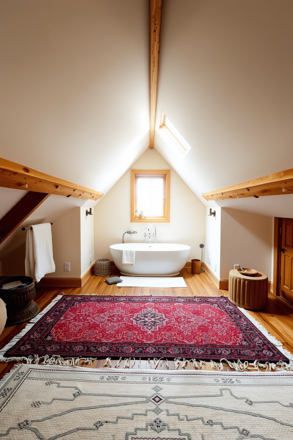 Layered rugs create a cozy atmosphere while adding depth and texture to the space. The top rug features a bold geometric pattern, contrasting with a larger, neutral base rug underneath. In the attic bathroom, sloped ceilings add character and warmth. The design incorporates a freestanding tub beneath a skylight, surrounded by natural wood accents and soft, ambient lighting.