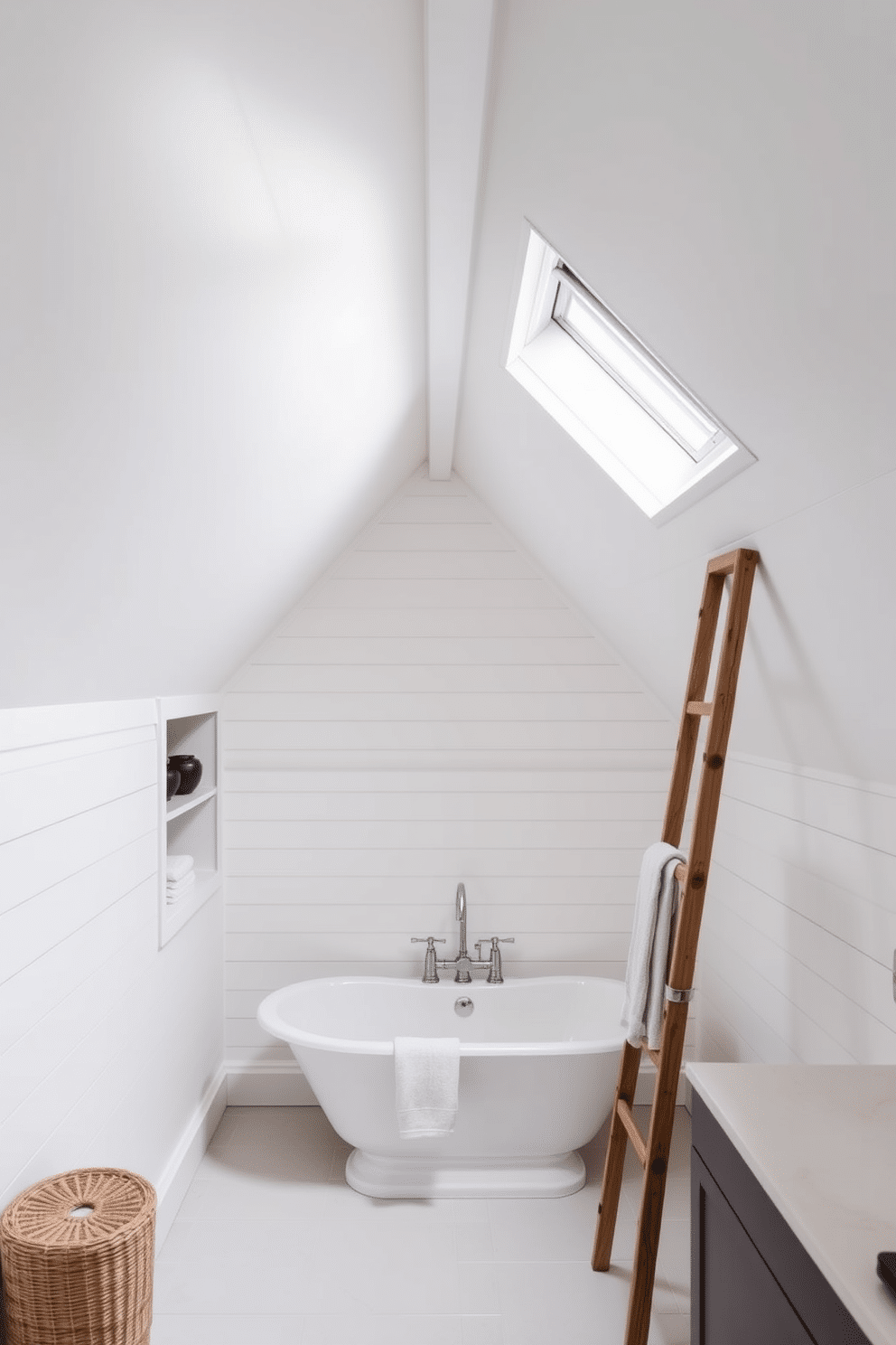 A stunning attic bathroom that creatively utilizes sloped ceilings, featuring a freestanding bathtub nestled under the eaves. The walls are clad in soft white shiplap, and a skylight above floods the space with natural light, enhancing the serene atmosphere. Incorporating built-in shelving along the sloped walls, the design showcases neatly arranged towels and decorative items. A rustic wooden ladder serves as a stylish towel rack, adding character to the cozy, inviting space.