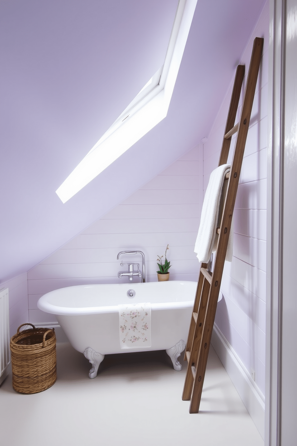 A serene attic bathroom retreat featuring soft pastel colors that evoke a calming atmosphere. The sloped ceiling is painted in a light lavender hue, complemented by white shiplap walls and a vintage freestanding bathtub adorned with delicate floral accents. Natural light filters through a skylight above, illuminating the space and enhancing the soothing color palette. A rustic wooden ladder serves as a towel rack, while a small potted plant adds a touch of greenery to the charming decor.