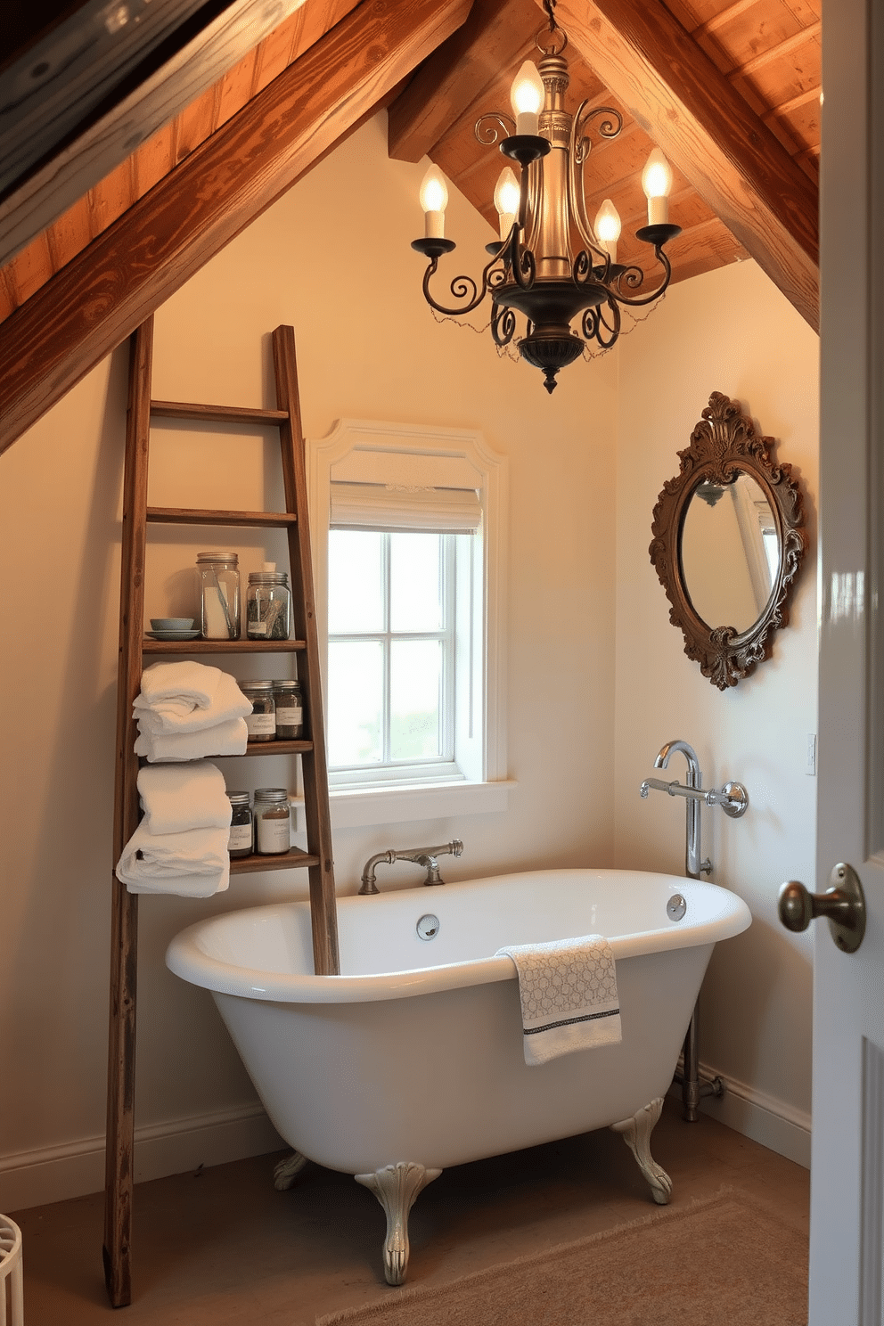 A cozy attic bathroom featuring vintage accessories that evoke a nostalgic feel. The space is adorned with an antique clawfoot bathtub, surrounded by rustic wooden beams and soft, ambient lighting. A weathered wooden ladder leans against the wall, holding plush towels and a collection of vintage jars filled with bath essentials. The walls are painted in a soft pastel hue, and a charming, ornate mirror reflects the warm glow of a vintage chandelier hanging from the ceiling.