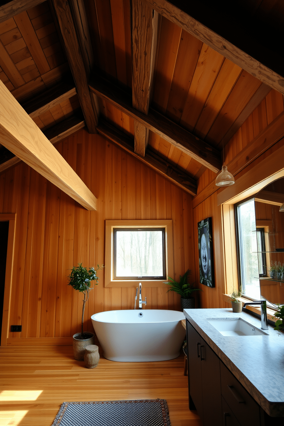 Rustic wooden beams stretch across the ceiling, contrasting beautifully with sleek modern light fixtures that illuminate the space. The walls are clad in warm, natural wood, creating a cozy atmosphere that invites relaxation. The freestanding bathtub is positioned beneath a large window, allowing natural light to flood the room. A minimalist vanity with a stone countertop complements the rustic elements, while potted plants add a touch of greenery.