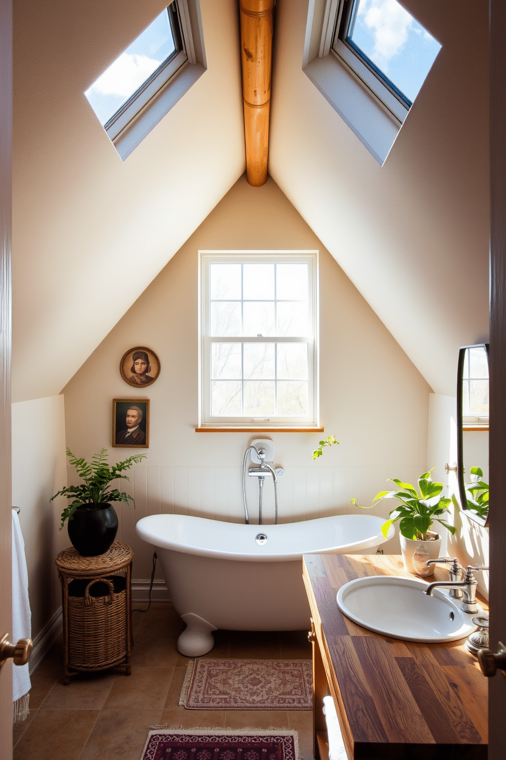 A cozy attic bathroom featuring sloped ceilings and skylights that allow natural light to flood the space. The design includes a freestanding soaking tub positioned beneath a large window, with unique art pieces adorning the walls to add personal flair. The vanity is crafted from reclaimed wood, topped with a rustic sink and vintage fixtures. Soft, neutral colors create a calming atmosphere, while strategically placed plants bring a touch of nature indoors.