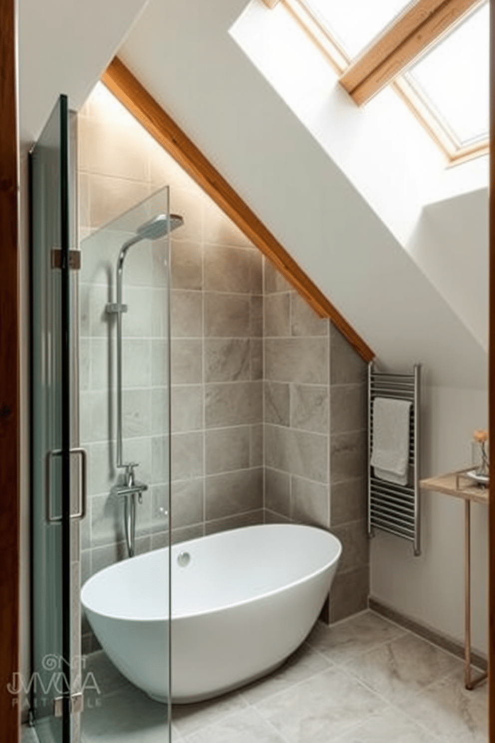 A compact shower featuring built-in storage solutions, seamlessly integrated into the wall to maximize space. The design showcases sleek, modern fixtures and a glass enclosure that enhances the feeling of openness. The attic bathroom is characterized by sloped ceilings and charming skylights, allowing natural light to flood the space. Rustic wooden beams add warmth, while a freestanding tub invites relaxation amidst a backdrop of contemporary tile work.