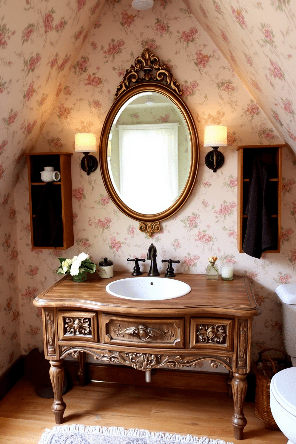 A vintage vanity with a round mirror is the centerpiece of this charming attic bathroom. The vanity is made of reclaimed wood, featuring intricate carvings and a distressed finish that adds character to the space. Soft, ambient lighting highlights the elegant curves of the mirror, which is framed in antique gold. The walls are adorned with vintage floral wallpaper, creating a cozy and inviting atmosphere.