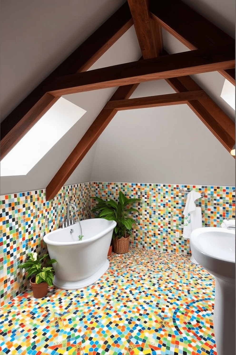 A vibrant attic bathroom featuring colorful mosaic tiles that create a stunning focal point on the walls and floor. The sloped ceiling is adorned with exposed wooden beams, adding warmth and character to the space. A freestanding bathtub sits in the corner, surrounded by potted plants that bring a touch of nature indoors. Soft, ambient lighting from sconces enhances the inviting atmosphere, making it a perfect retreat.