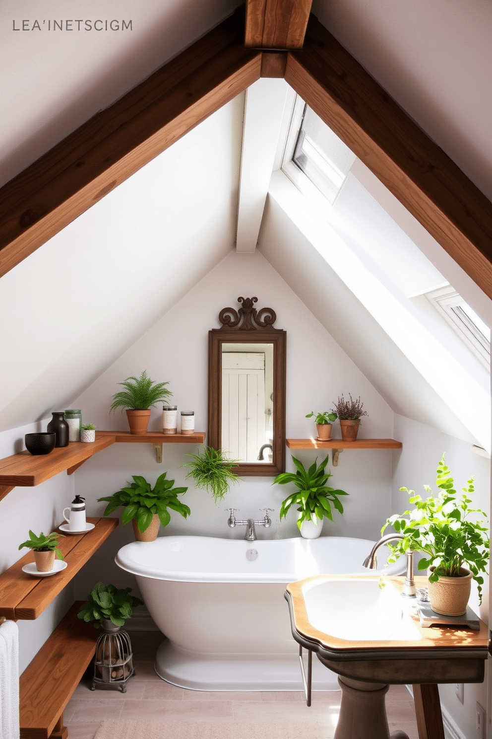 A cozy attic bathroom featuring open shelving for easy access to toiletries and decorative items. The shelves are made of reclaimed wood, adding warmth to the space, while a freestanding bathtub sits beneath a slanted ceiling adorned with exposed beams. The walls are painted in a soft white, creating an airy feel, and a vintage-style mirror hangs above a rustic wooden sink. Natural light floods the room through a skylight, highlighting the lush greenery of potted plants placed on the open shelves.