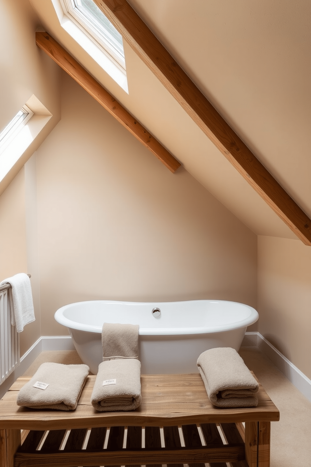 A serene attic bathroom retreat featuring a neutral palette with soft textures. The sloped ceiling is adorned with exposed wooden beams, and the walls are painted in a warm beige tone. A freestanding bathtub sits beneath a large skylight, allowing natural light to flood the space. Plush towels in muted tones are neatly arranged on a rustic wooden shelf, enhancing the cozy atmosphere.