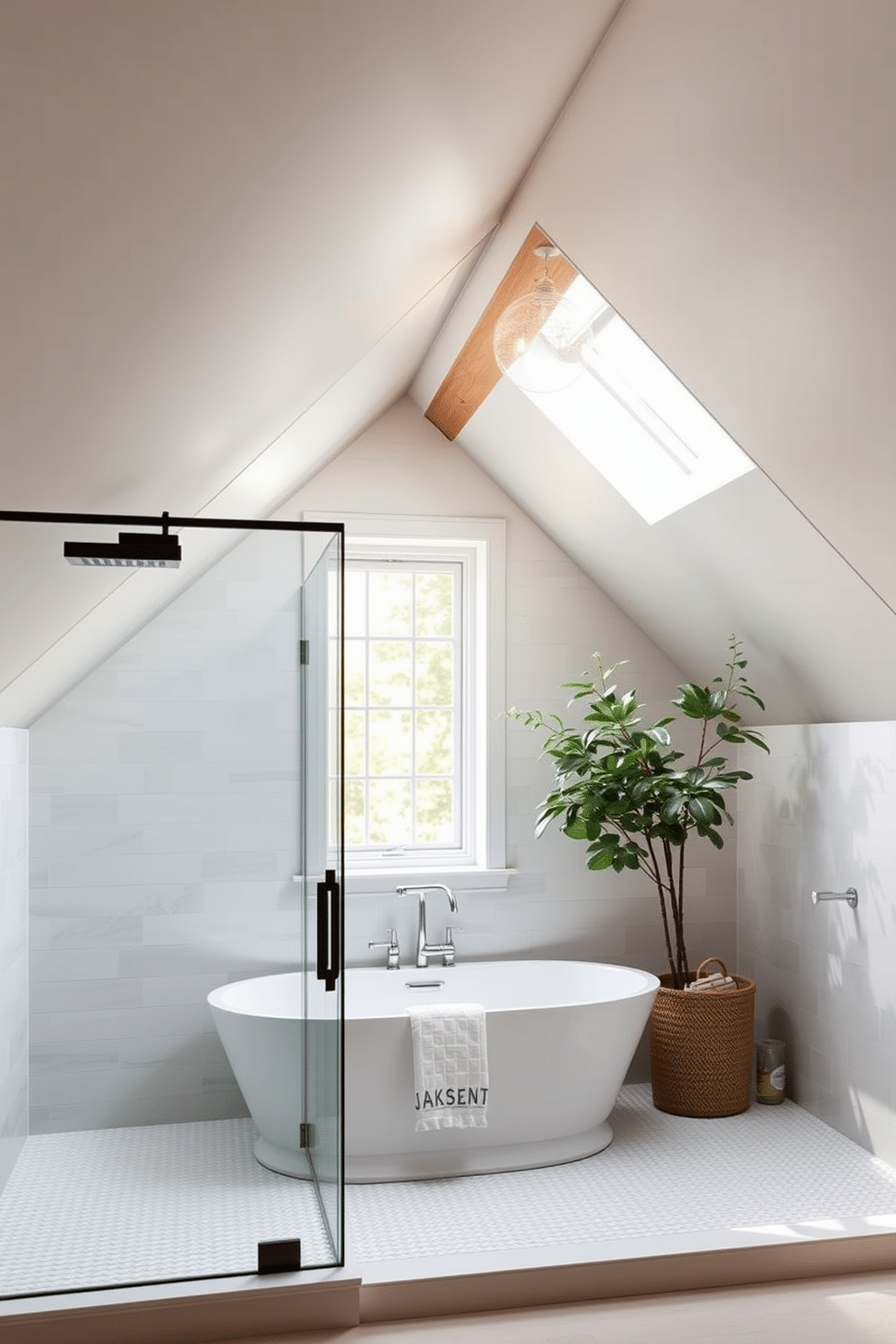 A stunning attic bathroom featuring a glass shower enclosure that enhances the spacious feel of the room. Natural light floods in through a skylight, illuminating the elegant tile work and soft color palette. The design incorporates sloped ceilings with exposed wooden beams, adding warmth and character. A freestanding tub sits beneath a window, complemented by minimalist fixtures and lush greenery for a serene ambiance.