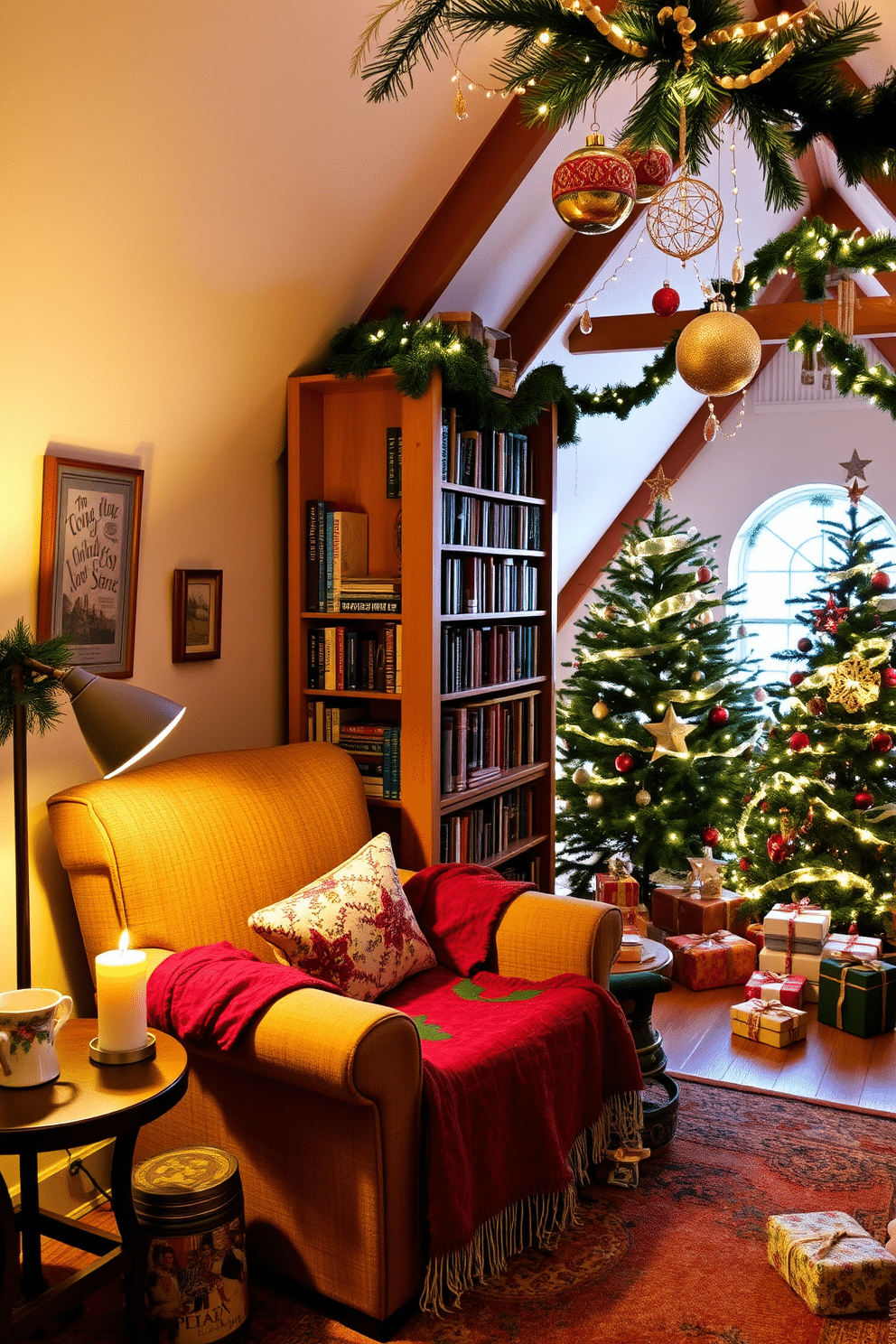 A cozy reading nook features a plush armchair draped with colorful holiday throws, nestled beside a tall bookshelf filled with well-loved novels. Soft, ambient lighting from a nearby floor lamp creates an inviting atmosphere, while a small side table holds a steaming cup of cocoa and a festive candle. The attic is transformed into a whimsical Christmas wonderland, adorned with twinkling fairy lights and garlands of pine. Vintage ornaments hang from the rafters, and a beautifully decorated tree stands in the corner, surrounded by wrapped gifts waiting to be opened.