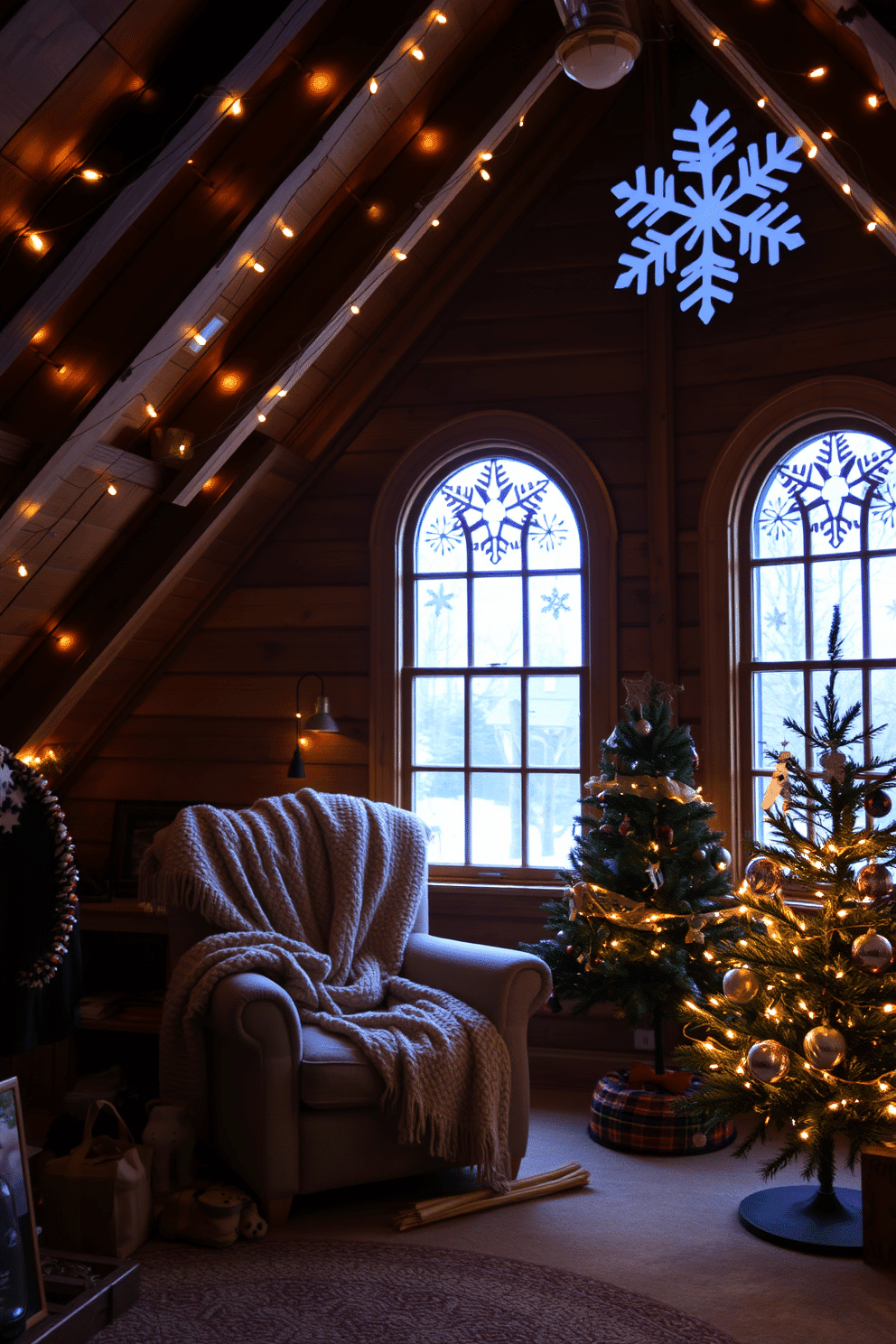 A cozy attic adorned for Christmas, featuring snowflake cutouts delicately placed on the windows, allowing soft winter light to filter through. The space is filled with rustic wooden beams and warm fairy lights, creating a festive atmosphere perfect for holiday gatherings. A charming seating area with a plush, oversized armchair draped in a knitted throw sits in one corner, surrounded by festive decorations. A small, beautifully decorated Christmas tree stands nearby, adorned with handmade ornaments and twinkling lights, enhancing the magical holiday vibe.