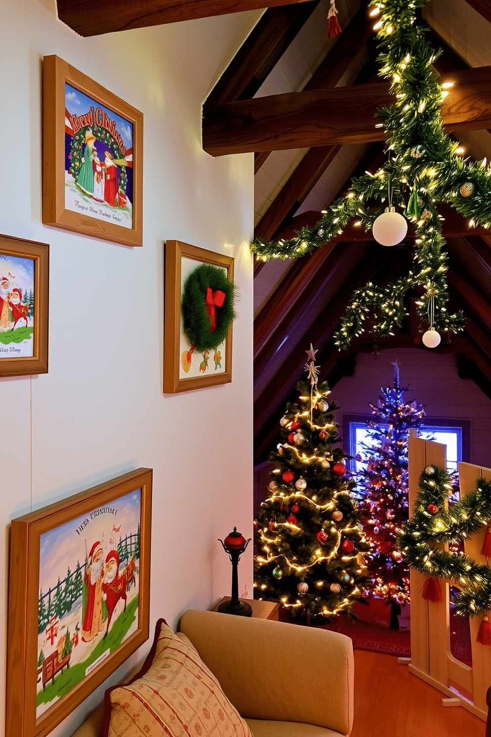 Charming holiday-themed artwork adorns the walls, featuring festive scenes and vibrant colors that evoke the spirit of the season. The pieces are framed in rustic wood, complementing the cozy atmosphere of the room. In the attic, Christmas decorations create a whimsical setting, with twinkling fairy lights draped across the beams and a beautifully adorned tree in the corner. Vintage ornaments and handmade garlands add a personal touch, making the space feel warm and inviting.