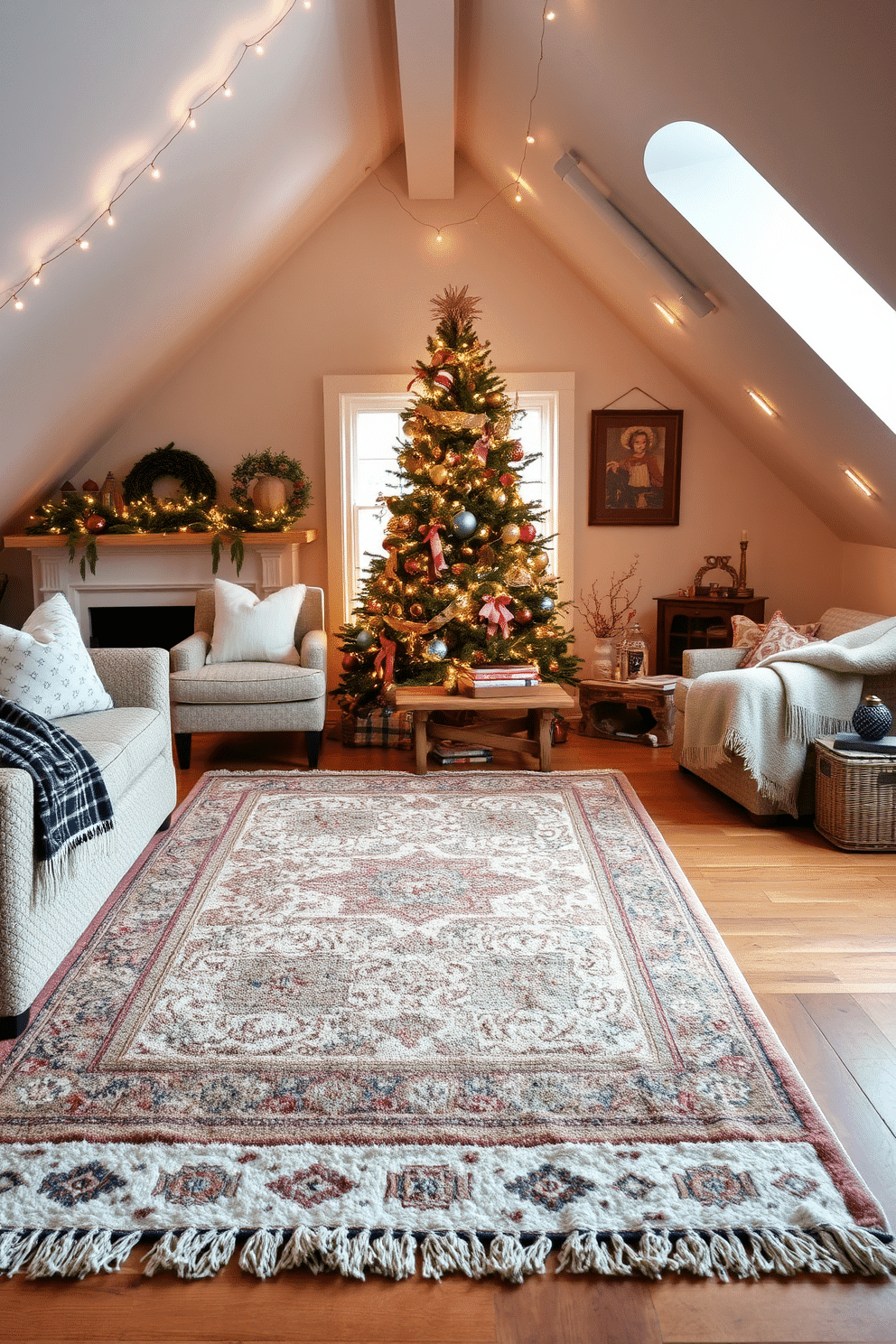 Layered rugs create a cozy atmosphere, combining various textures and patterns to enhance the warmth of the space. Imagine a living room featuring a large, plush area rug topped with a smaller, intricately designed rug, adding depth and visual interest. For attic Christmas decorating, envision a charming holiday scene filled with twinkling lights and rustic ornaments. The space is adorned with a beautifully decorated tree, surrounded by cozy throws and festive accents, creating a magical winter retreat.