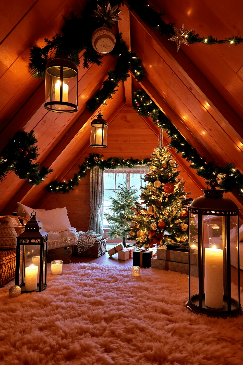 A cozy attic space adorned for Christmas, featuring decorative lanterns holding flickering candles that cast a warm glow throughout the room. The walls are lined with soft, rustic wood, and the floor is covered with a plush, oversized rug, creating an inviting atmosphere. Festive ornaments and garlands drape over the exposed beams, while a beautifully decorated tree stands in the corner, surrounded by wrapped gifts. Twinkling fairy lights are strung along the windows, enhancing the magical holiday ambiance.