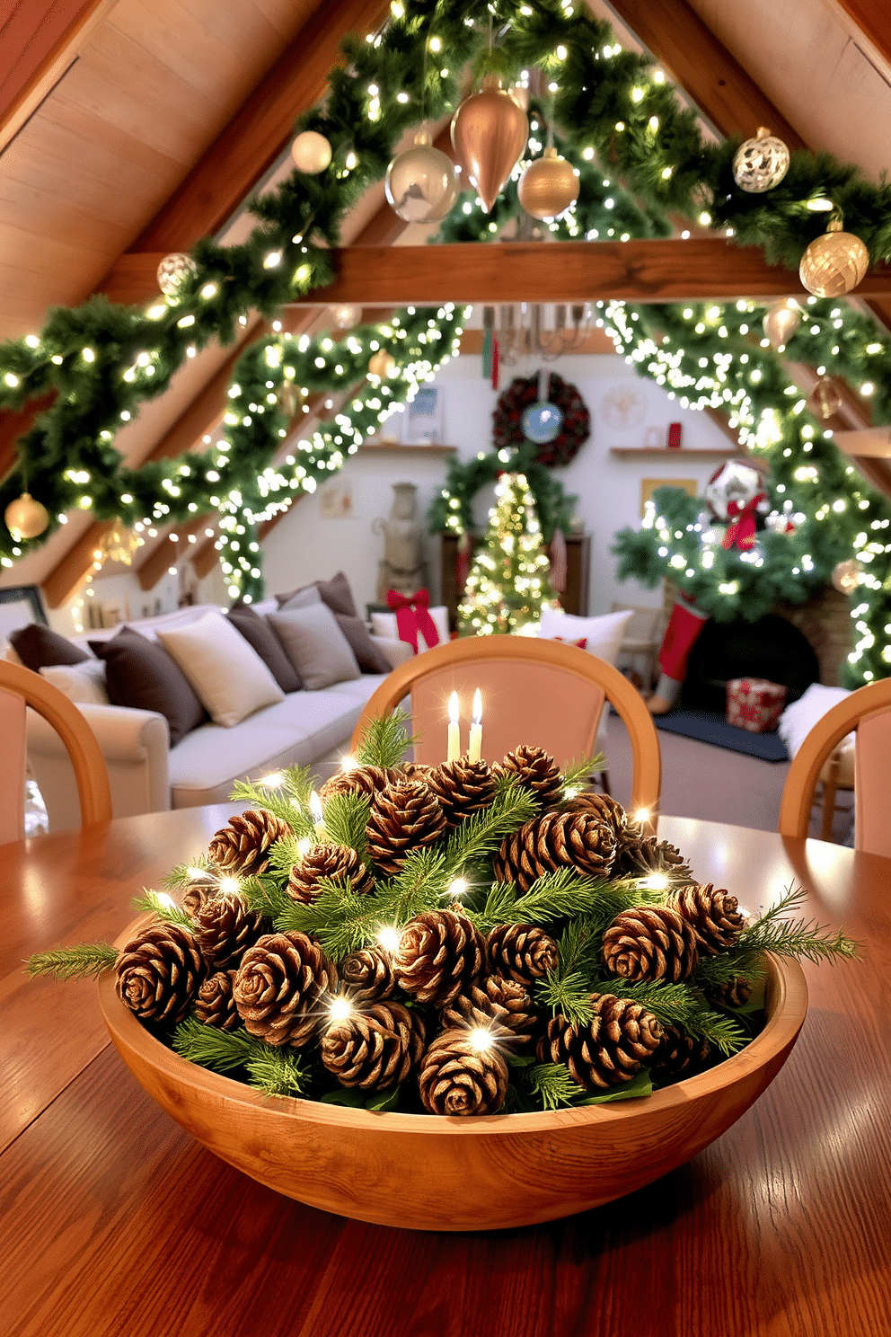 A rustic table centerpiece featuring an arrangement of pinecones and assorted greenery, artfully displayed in a wooden bowl. The natural elements are complemented by soft white fairy lights woven throughout, creating a warm and inviting atmosphere. A cozy attic space transformed for Christmas, adorned with twinkling string lights and festive garlands. Vintage ornaments hang from the exposed beams, while a plush seating area invites relaxation amidst the holiday cheer.