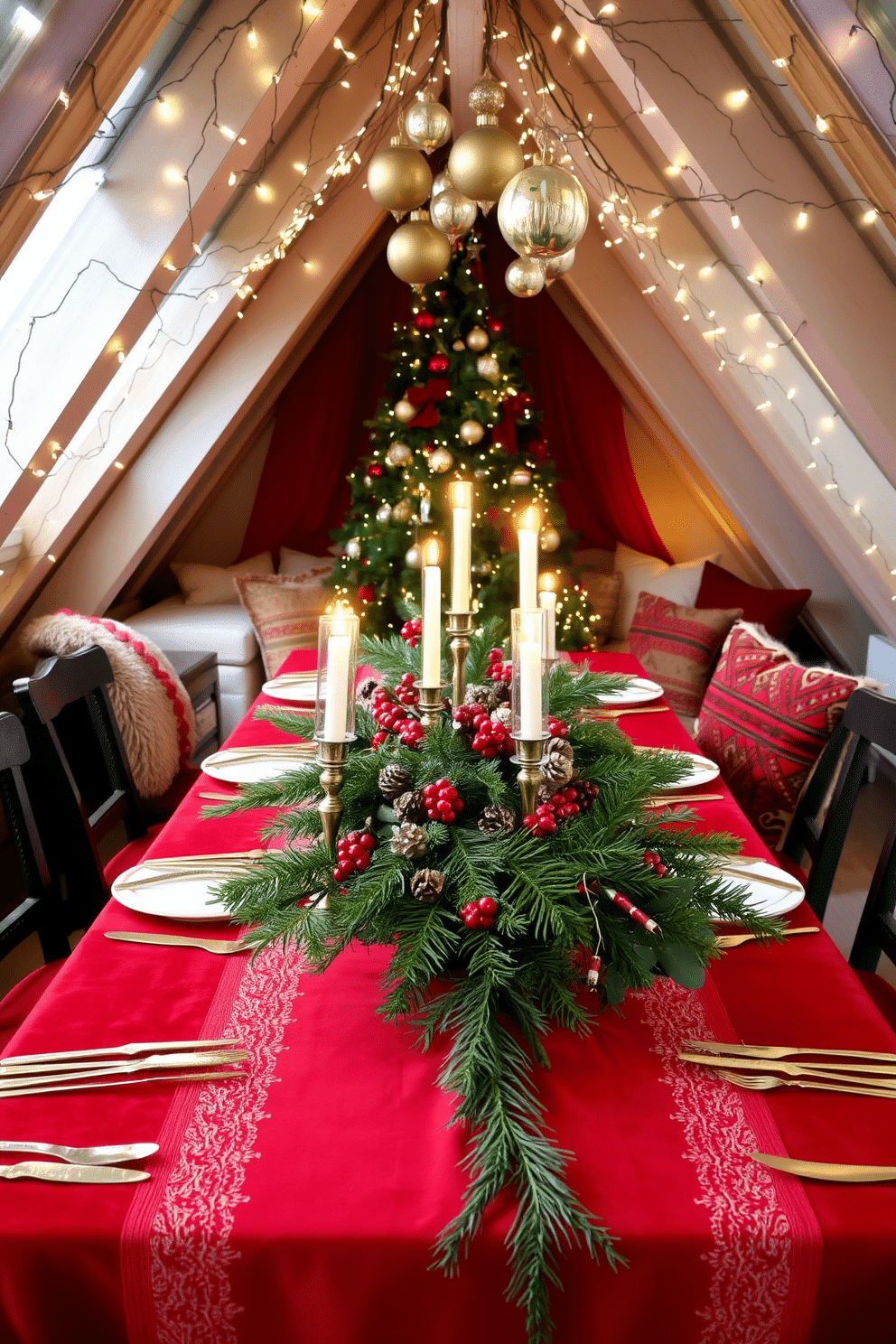 A festive table setting for holiday gatherings features a long, elegantly draped tablecloth in deep red, adorned with gold and silver accents. Centered on the table is a lush arrangement of evergreen branches, pinecones, and vibrant red berries, complemented by flickering candlelight from ornate holders. For attic Christmas decorating ideas, the space is transformed into a cozy winter retreat with twinkling fairy lights strung across the exposed beams. Vintage ornaments hang from a charmingly decorated tree, while plush throws and pillows invite warmth and comfort in this whimsical holiday hideaway.