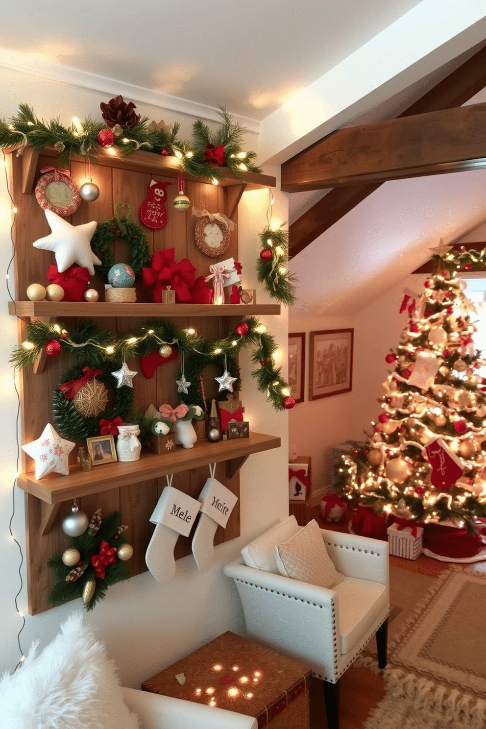 A charming display of DIY holiday crafts is arranged on rustic wooden shelves, showcasing a variety of handmade ornaments, colorful wreaths, and festive garlands. The crafts are complemented by twinkling fairy lights that add a warm glow, creating a cozy holiday atmosphere. The attic is transformed into a winter wonderland, adorned with elegant Christmas decorations that include a beautifully decorated tree and cozy seating. Soft, ambient lighting highlights the festive decor, while vintage ornaments and handmade stockings add a personal touch to the space.