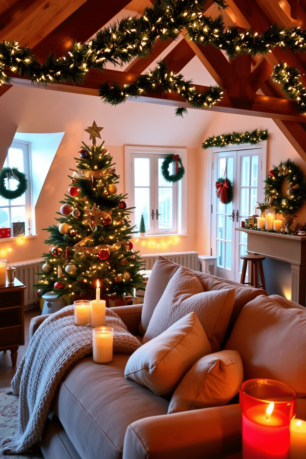 A warm and inviting living room adorned with scented candles of various heights, casting a soft glow across the space. Plush cushions and a knitted throw blanket are arranged on a deep-set sofa, creating a cozy nook for relaxation. An enchanting attic space transformed for Christmas, featuring a beautifully decorated tree adorned with twinkling lights and colorful ornaments. Vintage-style garlands drape along the exposed beams, while decorative wreaths hang on the windows, completing the festive atmosphere.